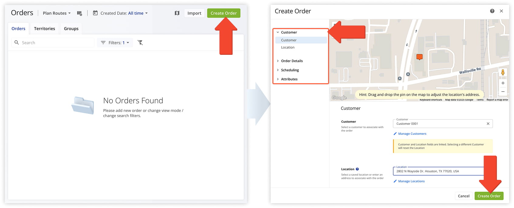 When you manually add customized orders in the Orders List, you can adjust order details such as address, scheduled for date, order destination type, priority, and more.