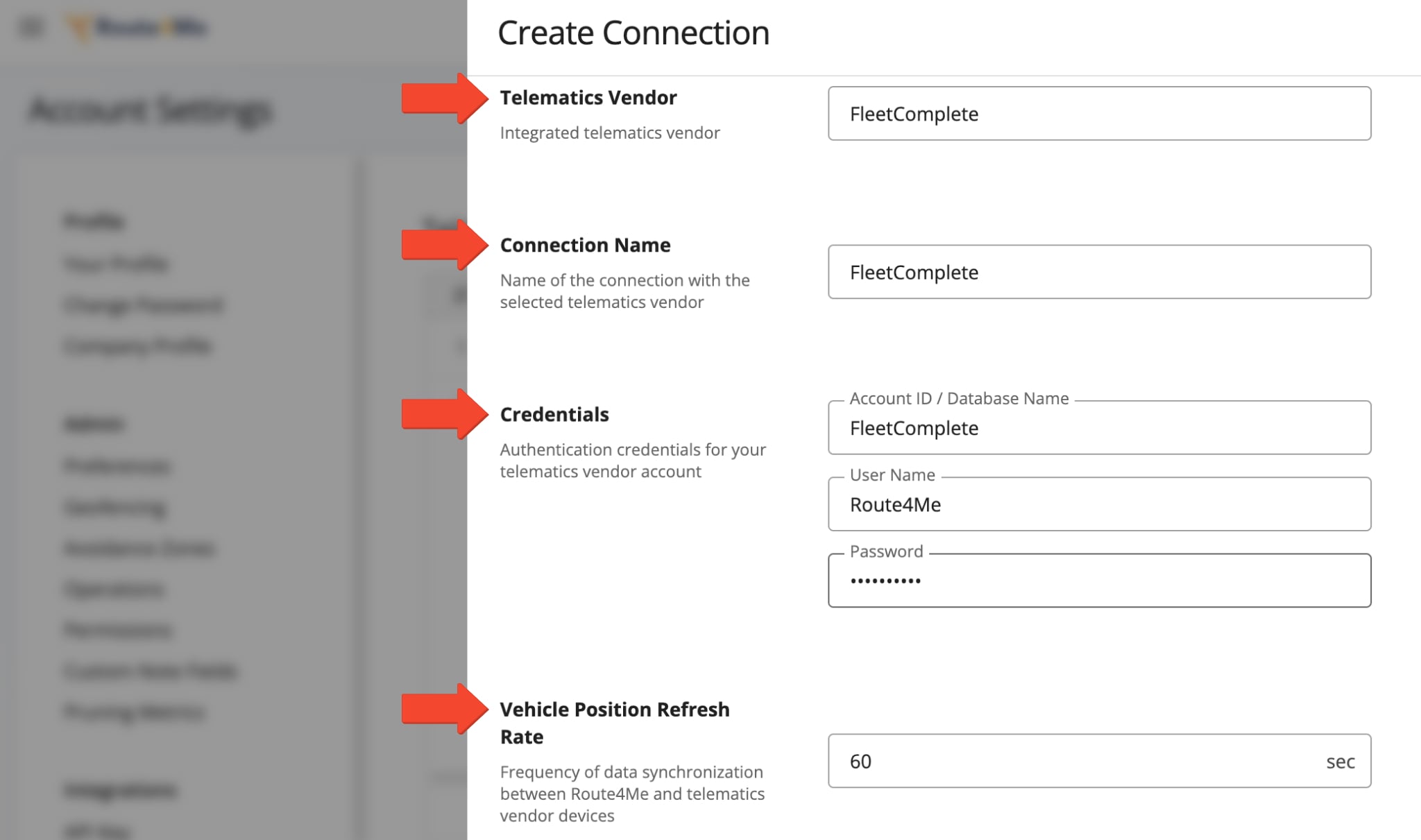 Add a connection by selecting Fleet Complete from the Telematics Vendor dropdown, entering a connection name, and setting the Vehicle Position Refresh Rate in the pop-up window.