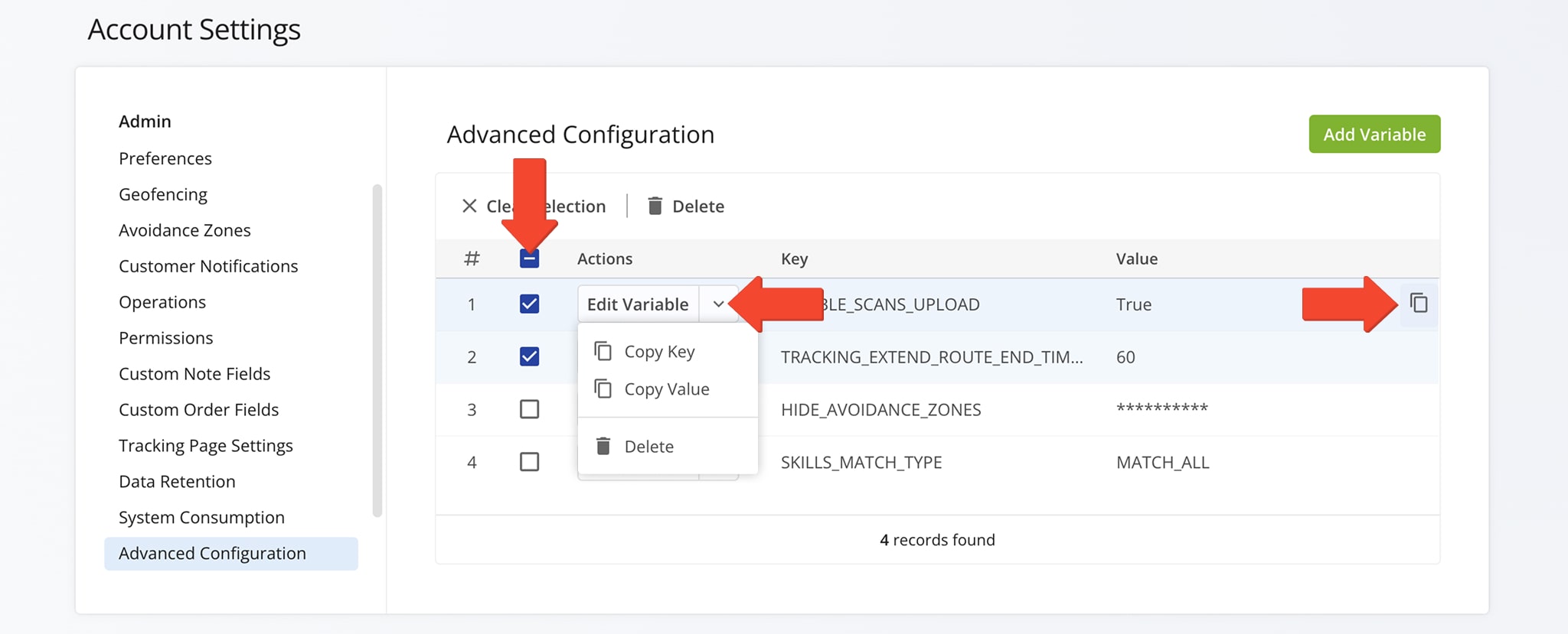 Manage, edit, enable, and disable advanced account configurations.