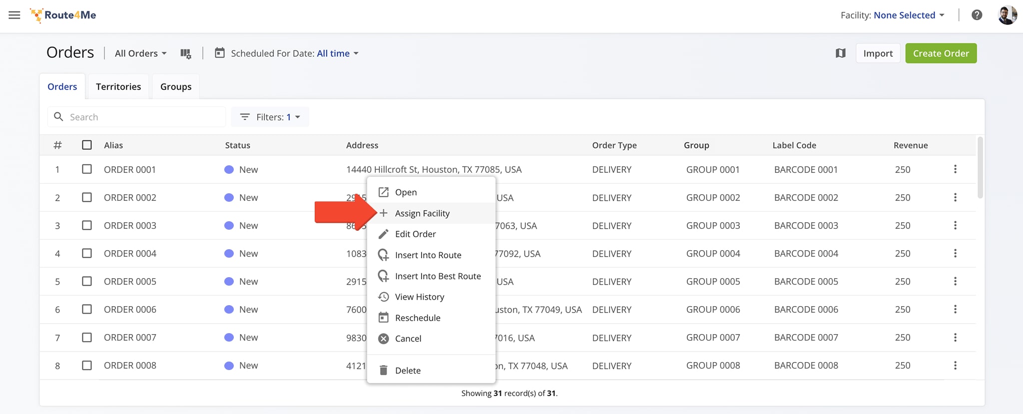 Right click an order to assign a facility to it.