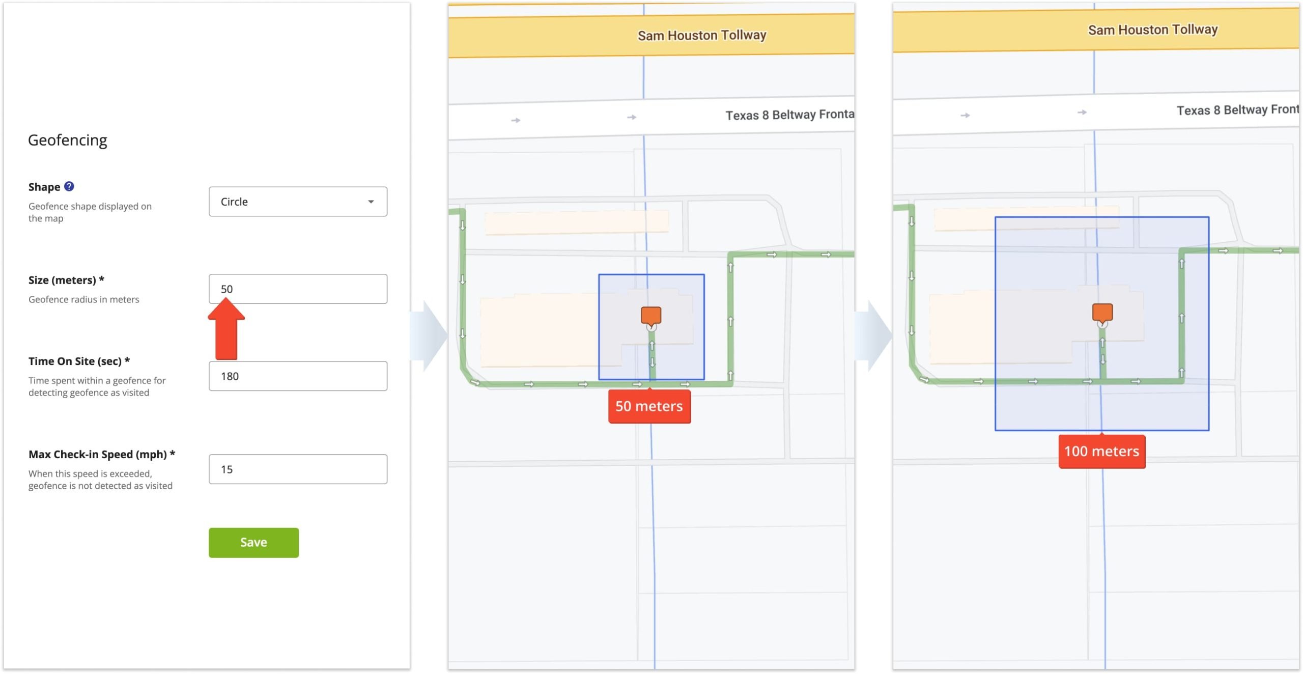 Depending on the specifics of your routing operations and customer destinations, you may need smaller or larger geofences.