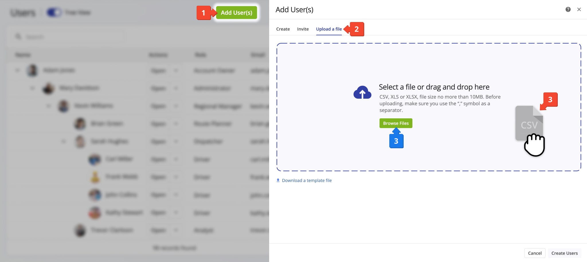 Drop and drop or upload a CSV, XLSX, or XLS file with user data to bulk upload multiple users to your Route4Me account.