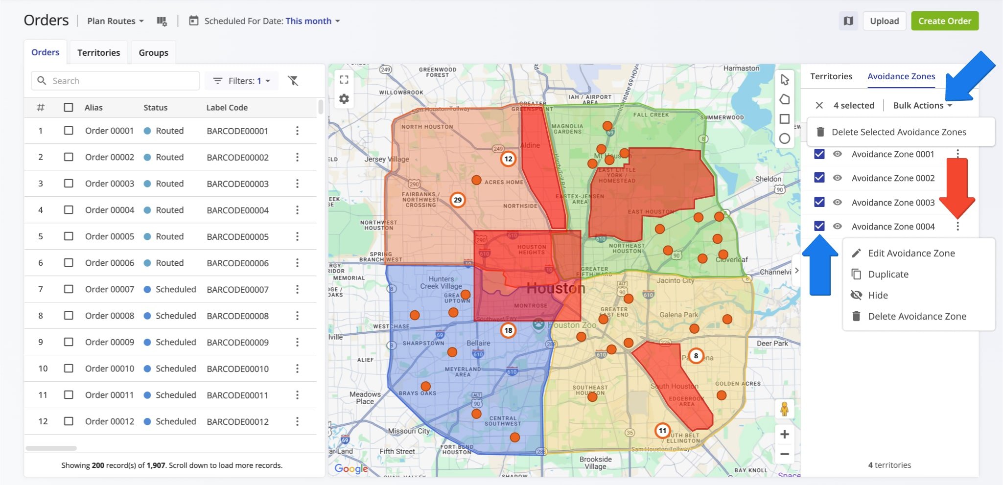 Edit, manage, and delete Avoidance Zones directly from the Orders Map.