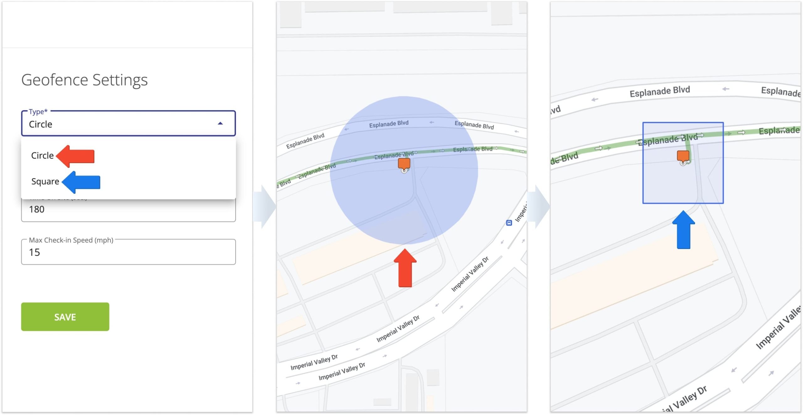 You can select your Geofence Type between square and circle, depending on your routing or tracking needs.