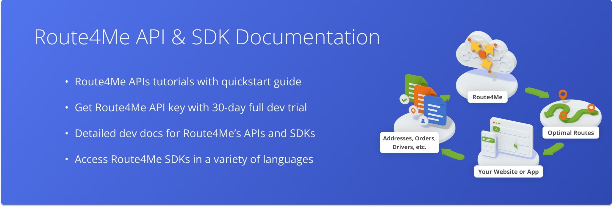 Route4Me API and SDK documentation enables developers to access the features and full capability of Route4Me's route optimization, enterprise resource planning, last mile team management, and more APIs.