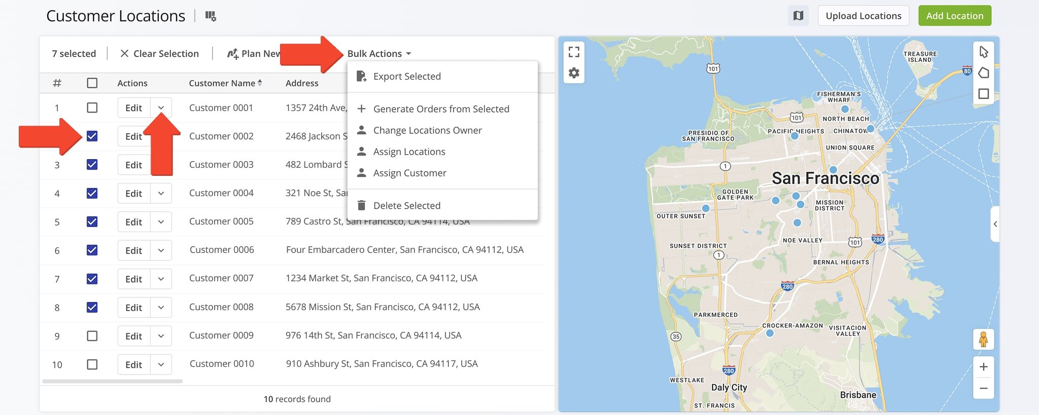 To modify a Customer Location, click the 'Edit' button or the Down Arrow to access additional actions.