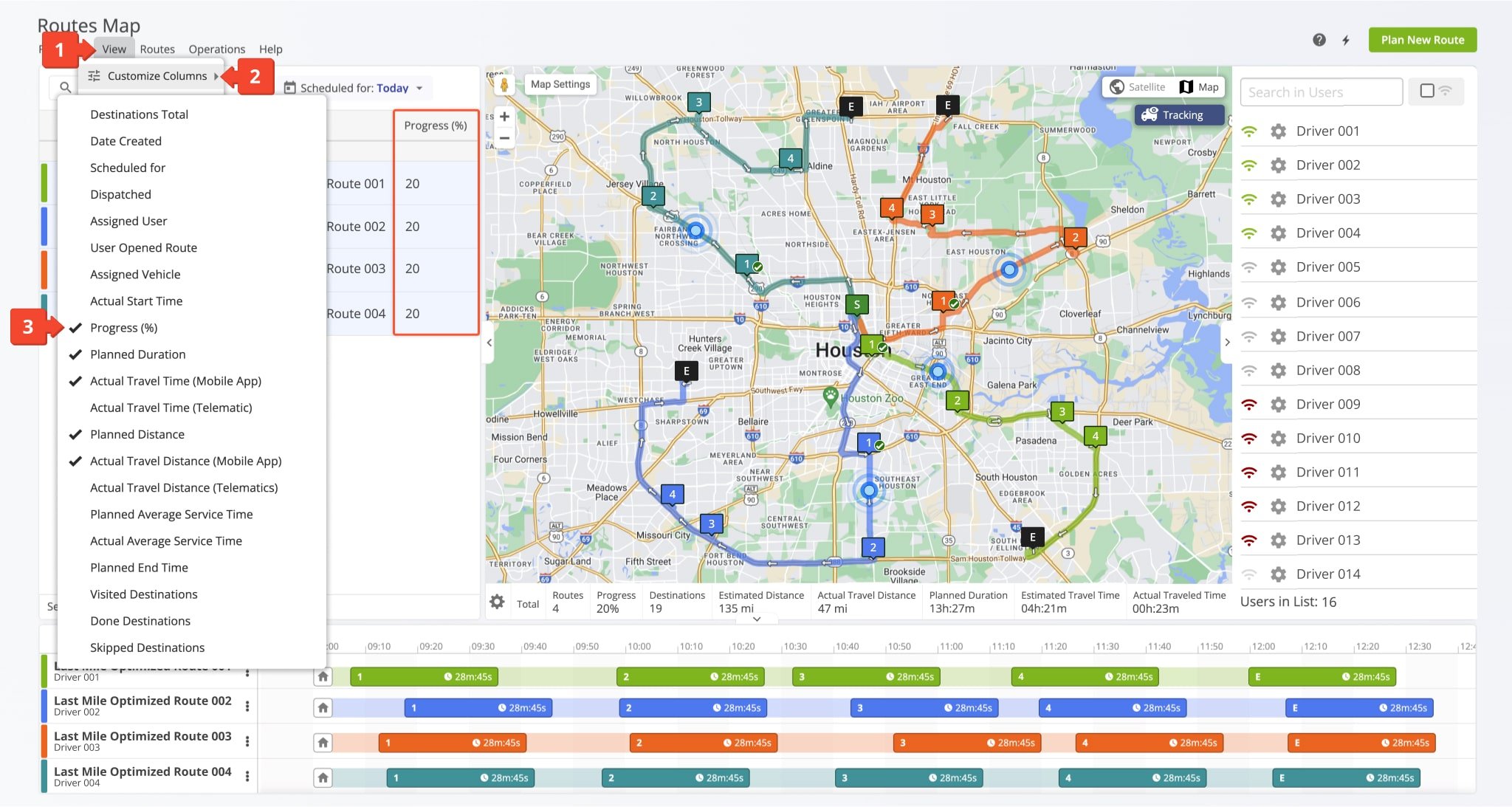 You can customize both the Routes List and Routes Map by enabling GPS tracking data columns. This way, you can easily view, compare, and analyze the GPS tracking statistics of different routes and users.