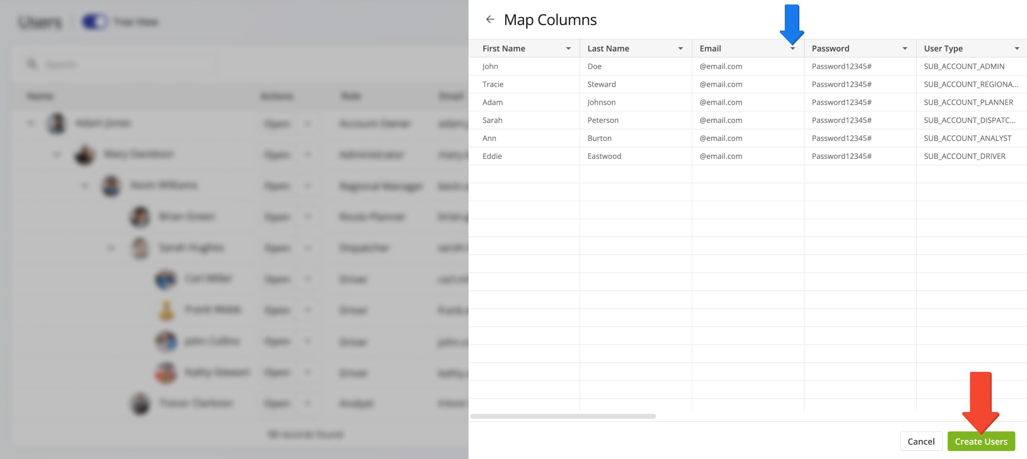 Match user data from the uploaded spreadsheet with Route4Me's user profile fields.