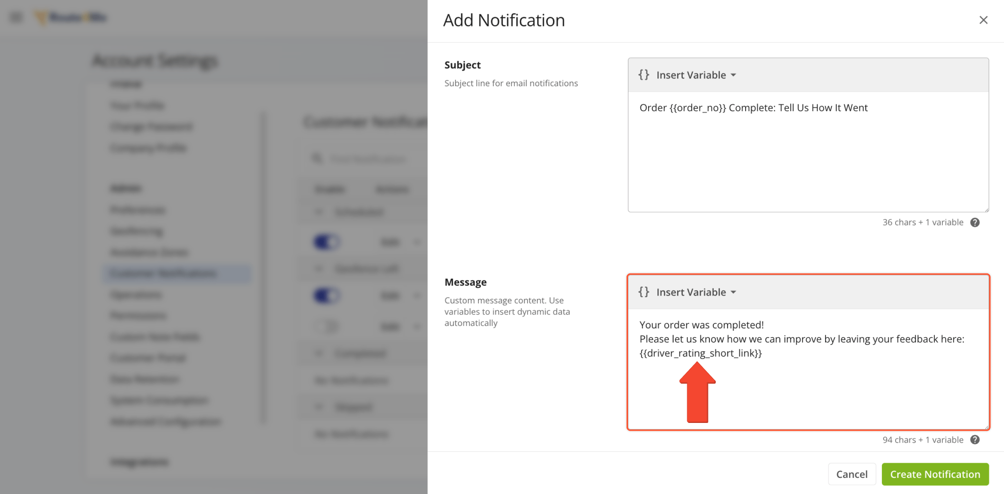 Send driver rating and customer survey requests in action-triggered email notifications.