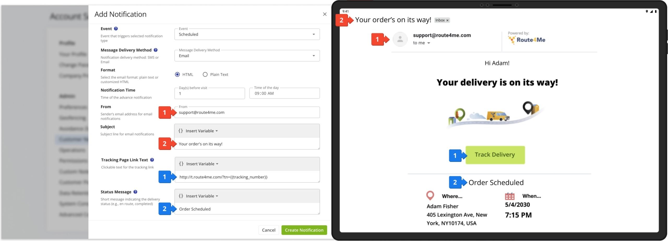 The 'Scheduled' Notification Type supports sending notifications in advance, before the route is dispatched or started.