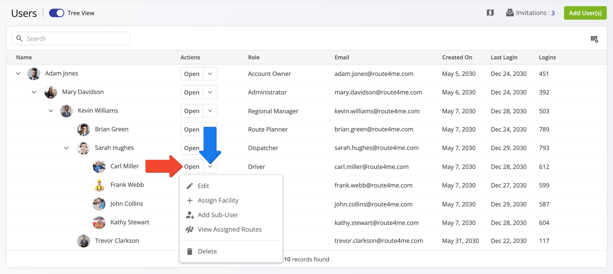 Edit accounts and profiles of drivers, route planners, dispatchers, and other team members.