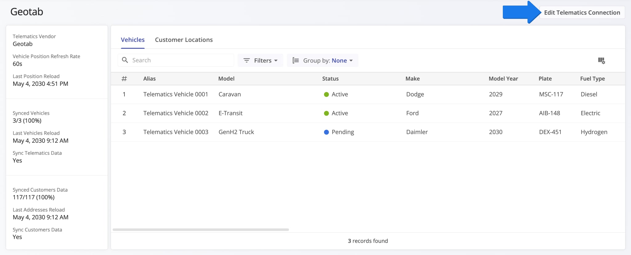 You can edit Telematics Connections directly from the Telematics Snapshot. Just click the 'Edit Telematics Connection' button.