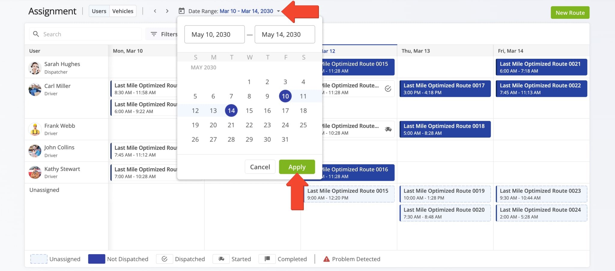 Finding the information relevant to your needs is easy with the Assignment Dashboard. Simply click the 'Date Range' button and select a time frame for scheduled routes.