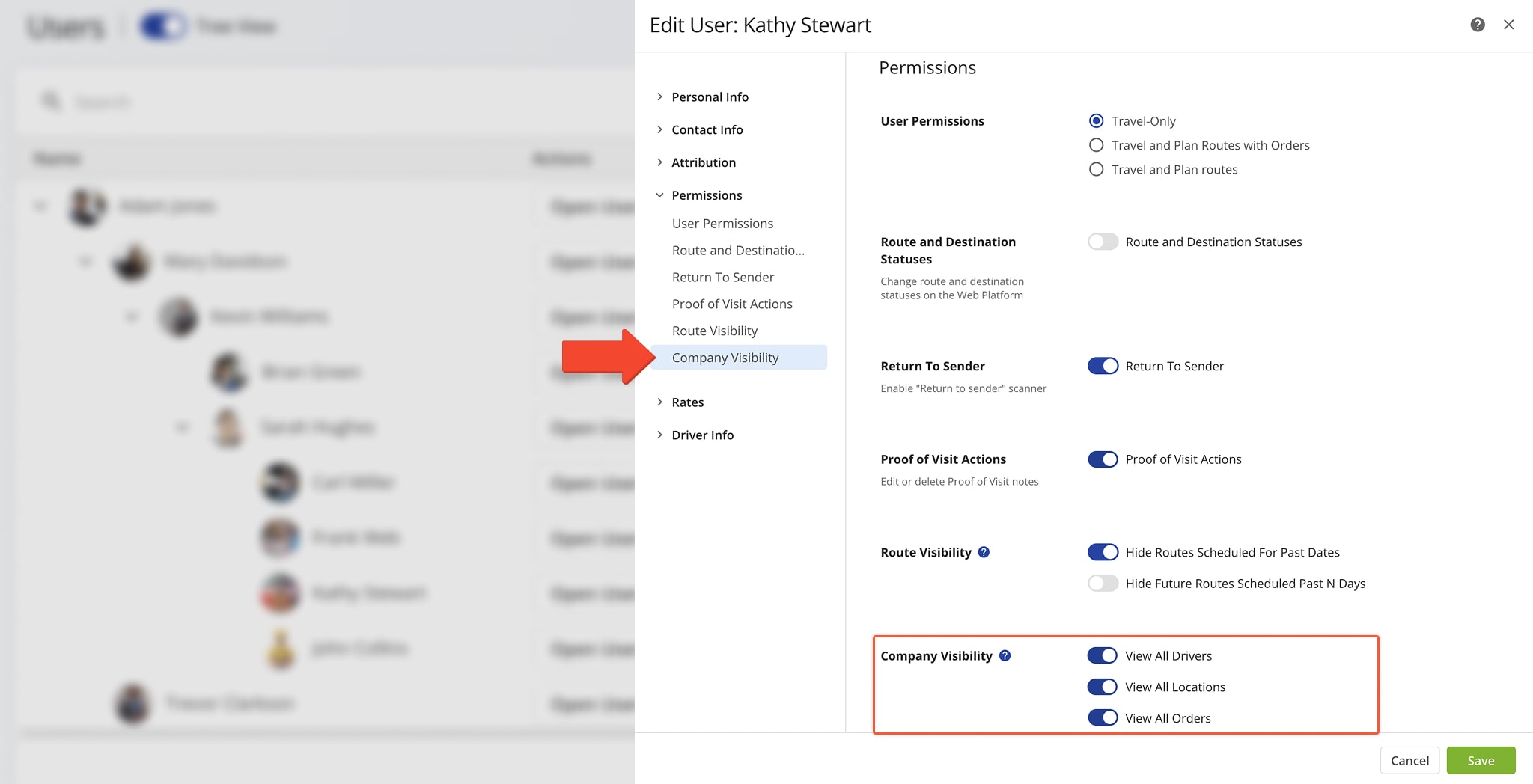 Company visibility settings of drivers, route planners, dispatchers, etc., for vehicles, other drivers, orders, and addresses.
