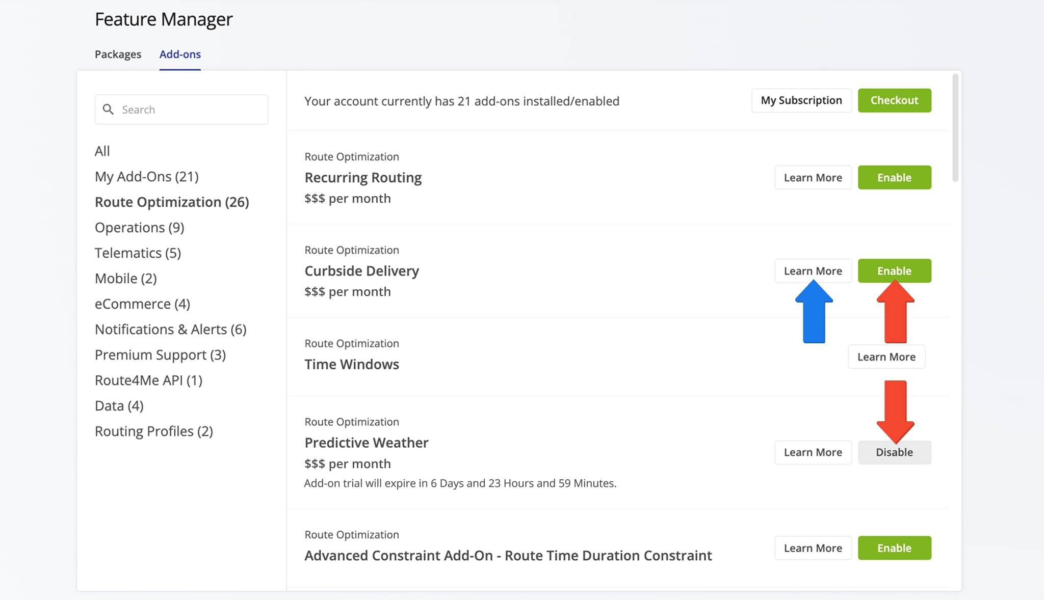 Enable add-ons and modules to customize your RouteMe route planning account using the Feature Manager.