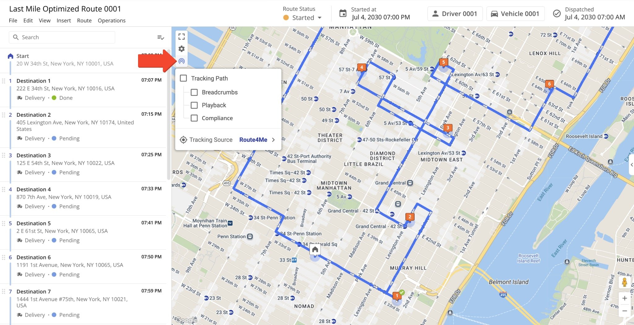 In the Route Editor, click the Tracking Button on the map to access the Tracking Path, Breadcrumbs, Playback, Compliance, and Tracking Source options.
