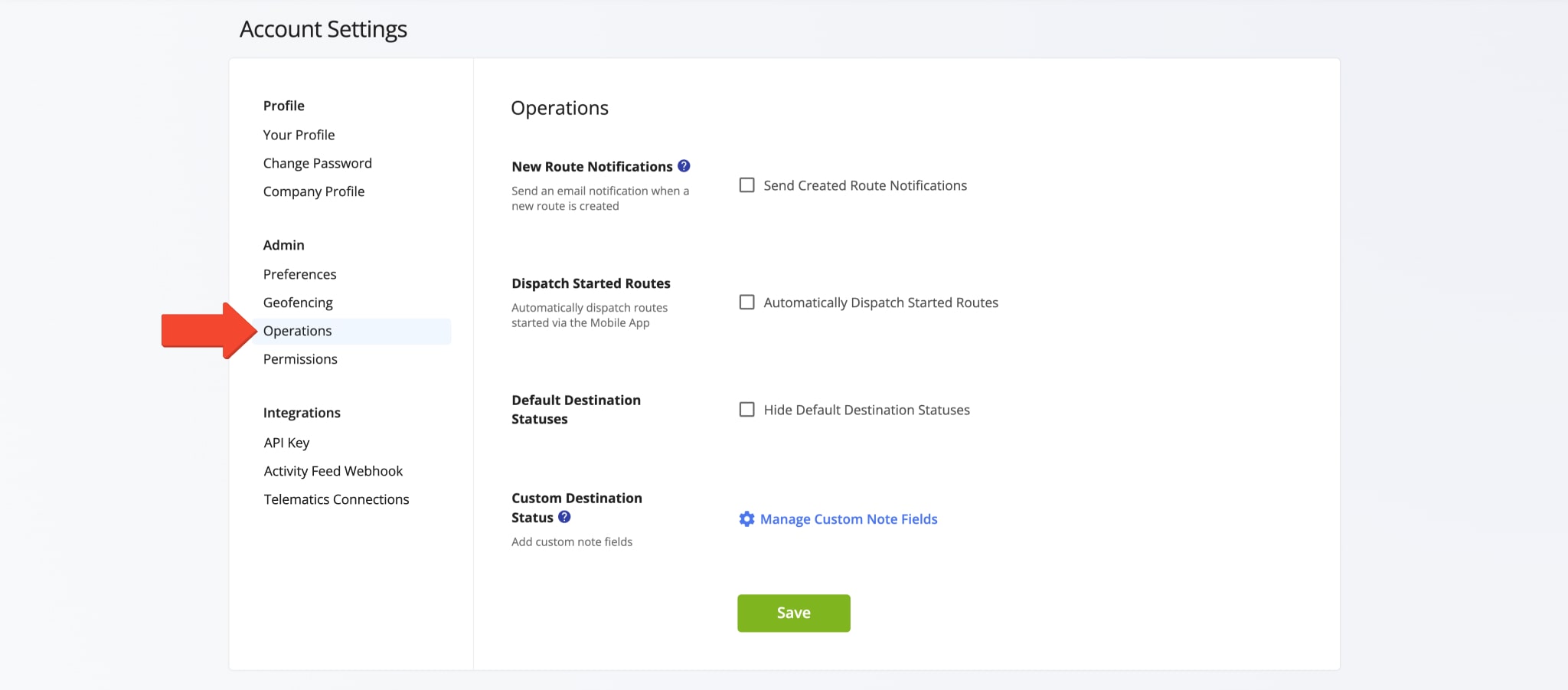 Route4Me account operations settings for notifications, automatic route dispatch, and destination status.