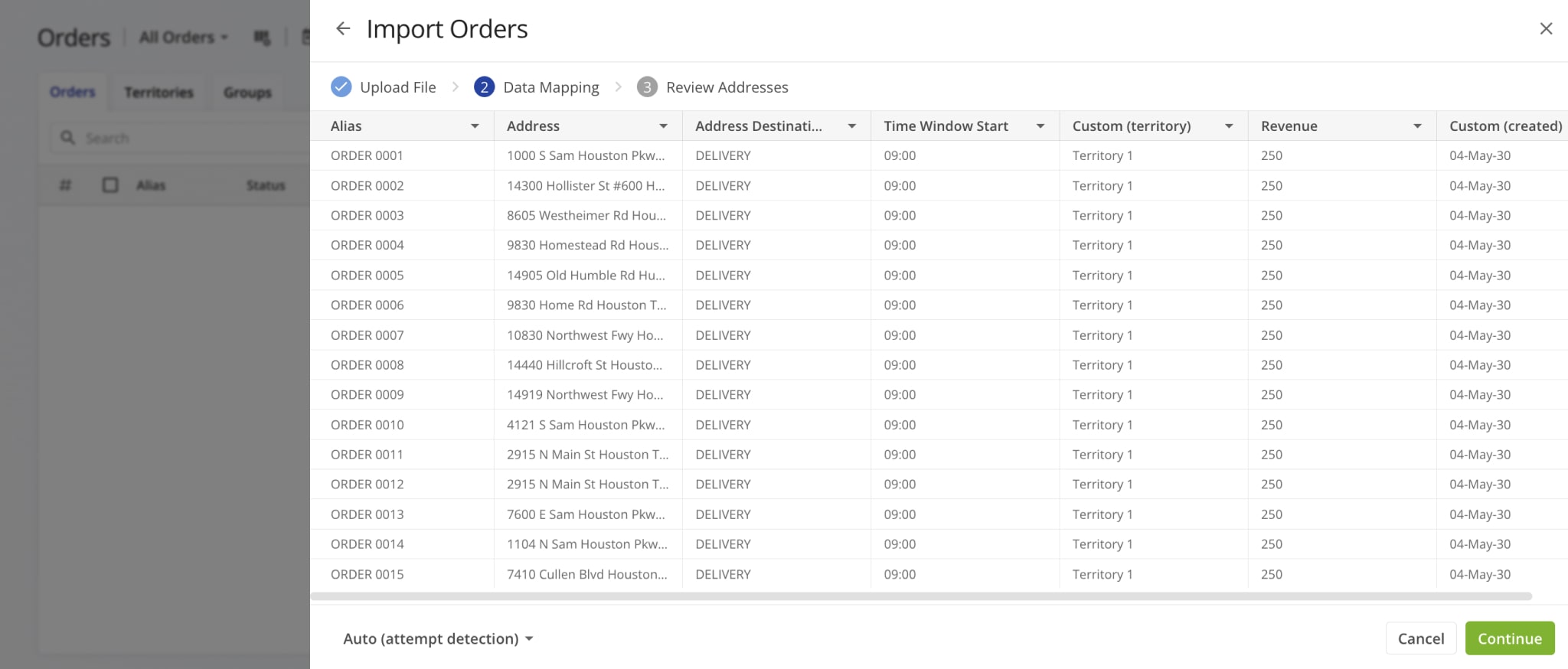 Route4Me automatically validates and matches column names from the uploaded orders spreadsheet to Route4Me’s internal order fields.