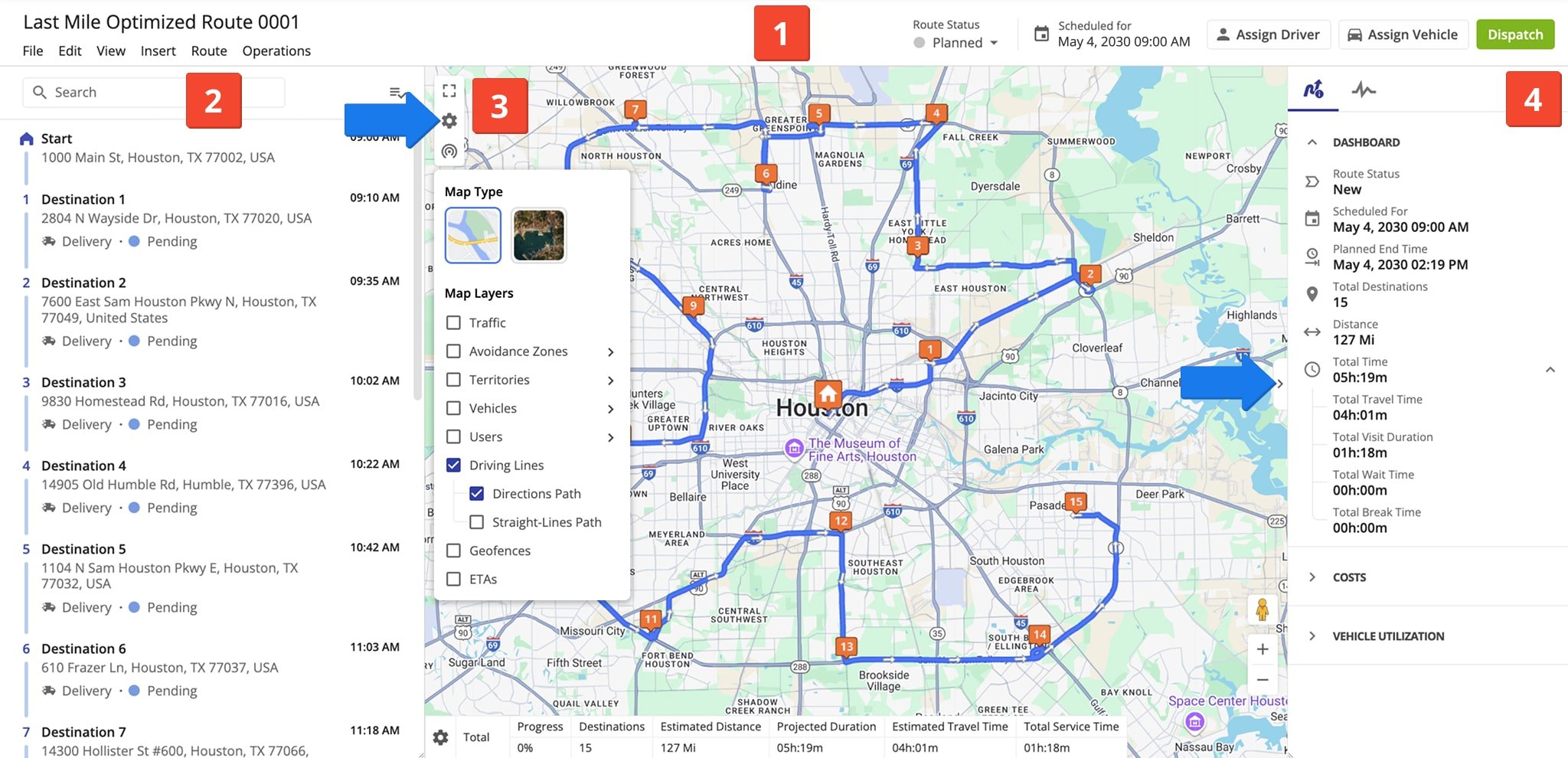 Route4Me's Route Editor consists of the stops list, interactive route map, toolbar with route and optimization settings, route dashboard, and activity feed.