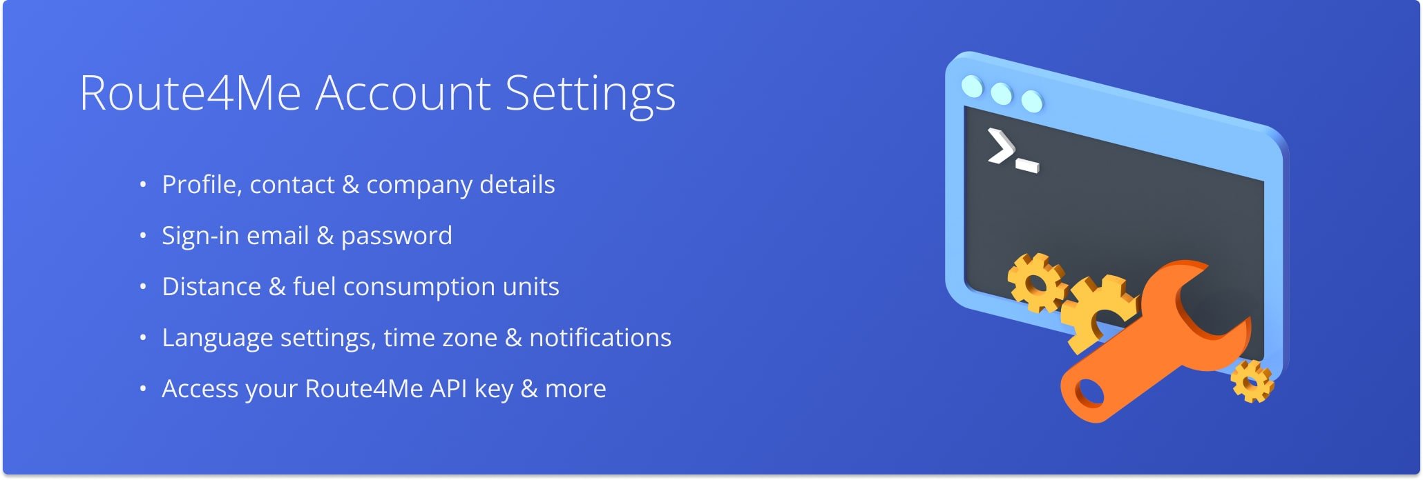 Route4Me Account Settings: profile, contact and company details, sign-in email and password, distance and fuel consumption units, language settings, and time zone.