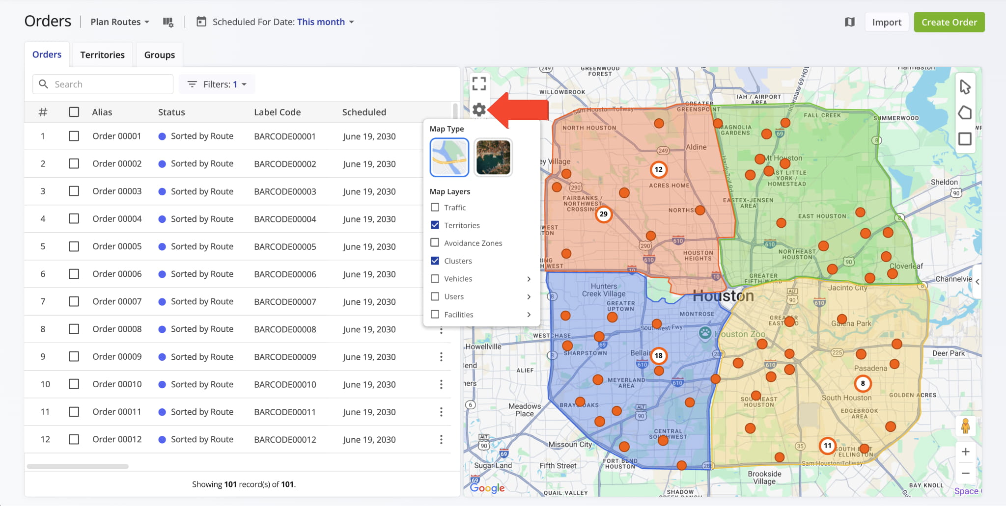 Adjust Orders Map settings, map view modes, and map layers such as traffic, territories, Avoidance Zones and Order Clusters.
