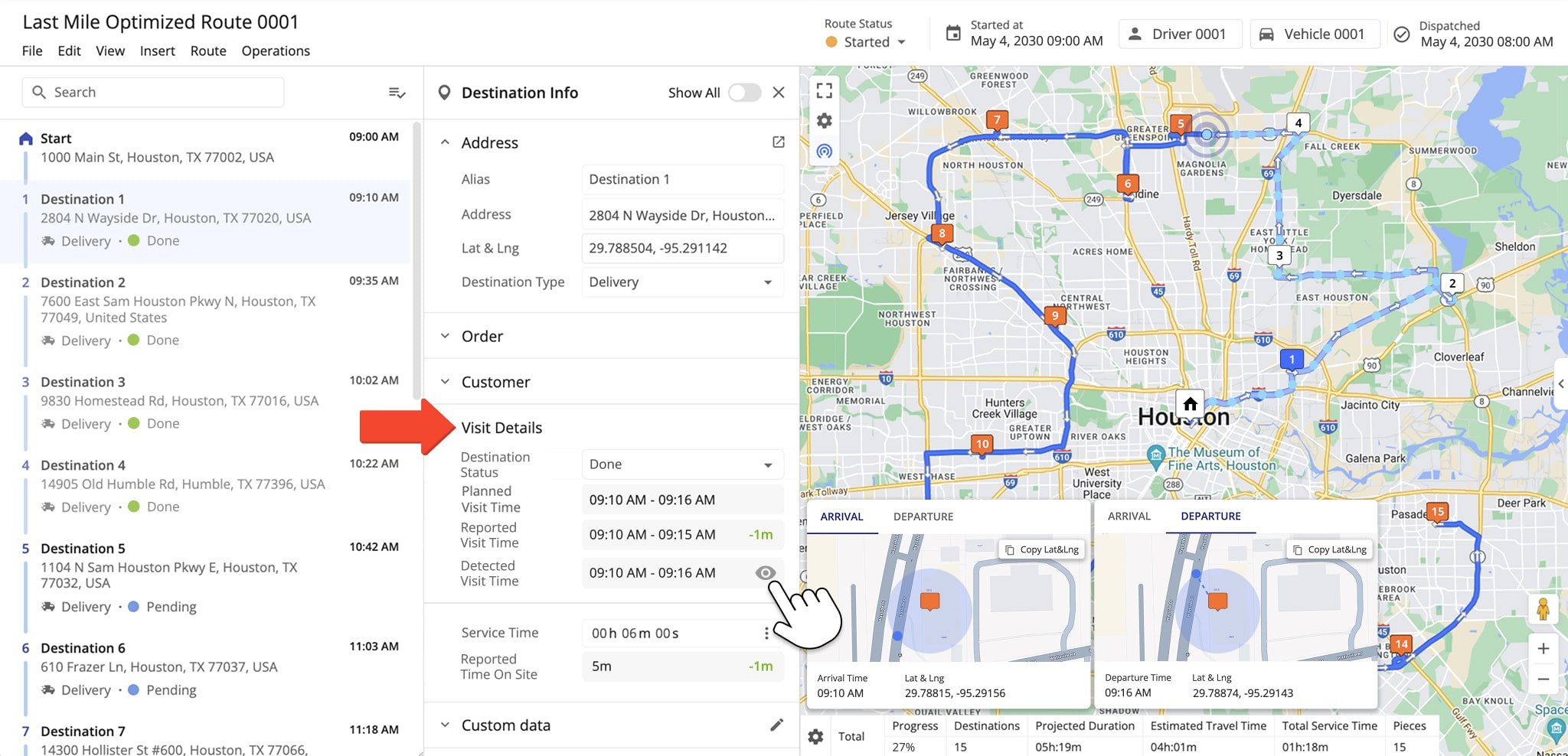 Stop Visit Details in Route Editor show timestamps when the stop was visited and departed, actual time on site, driver location at the time of visit, and more. 