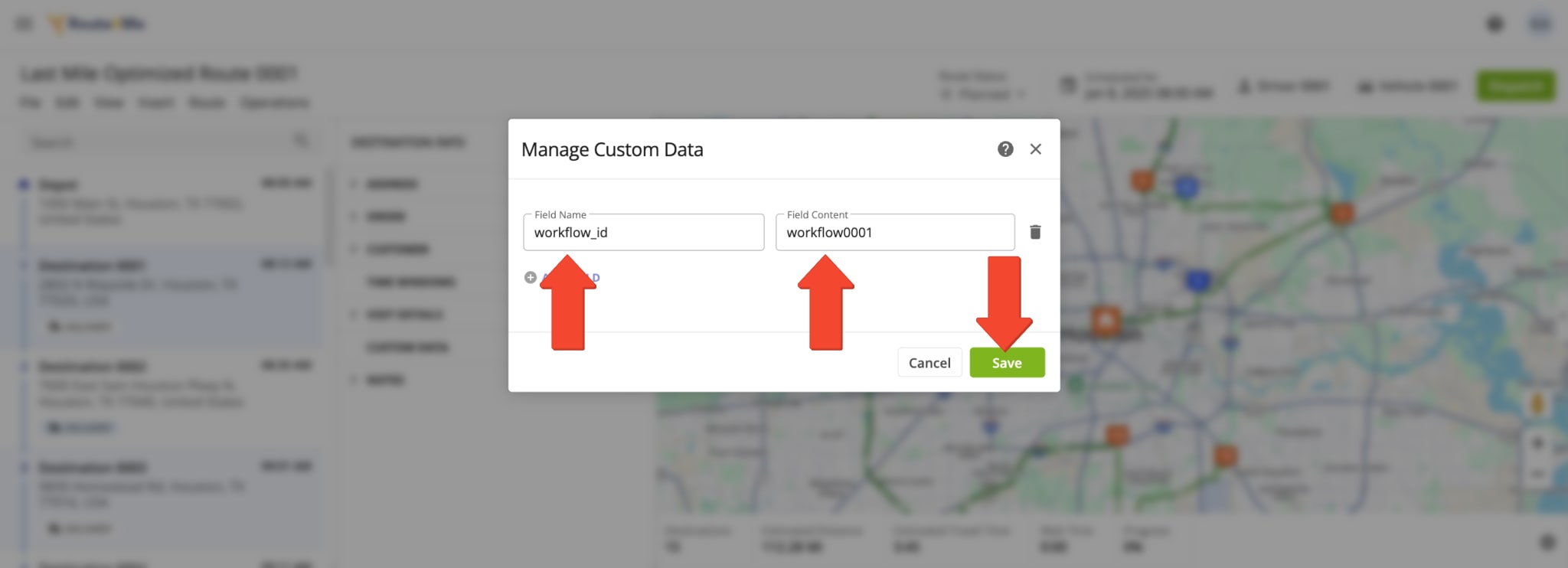 Enabling Workflow mandatory and optional driver tasks and actions for route stops by adding Workflow IDs as Custom Data.