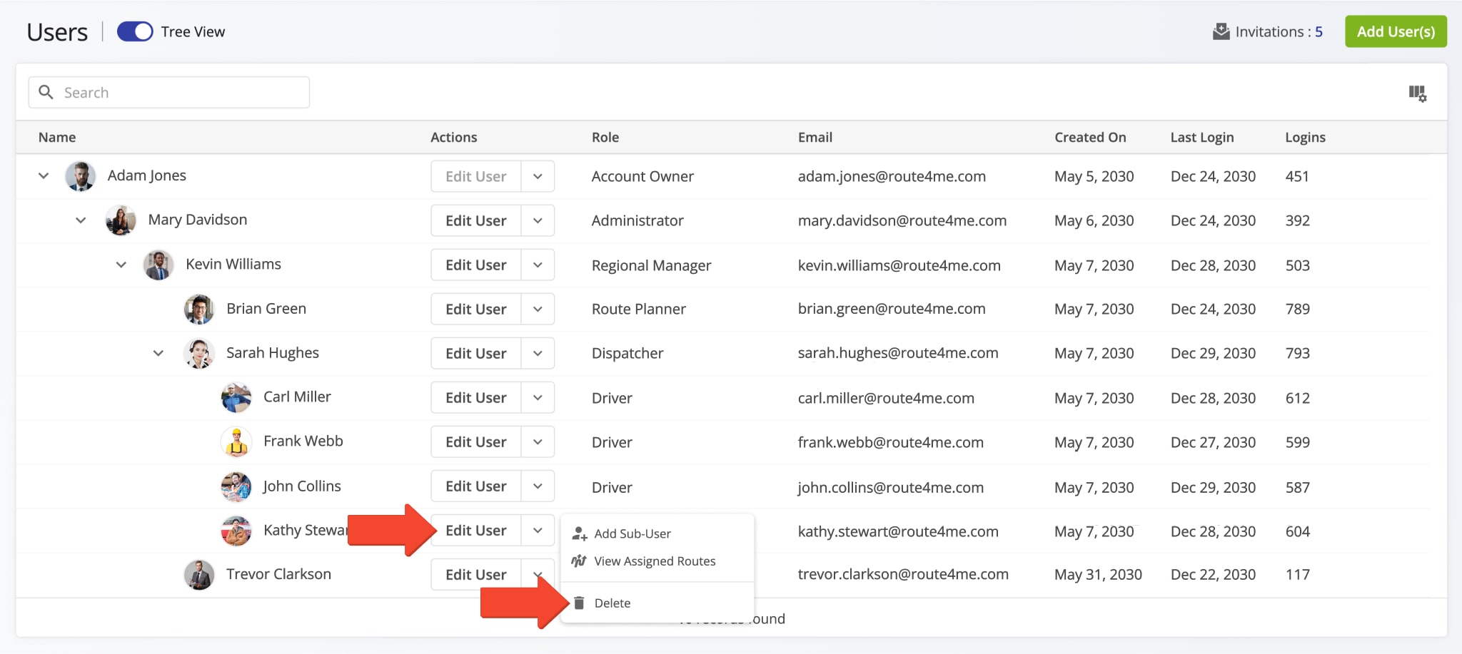 Delete drivers, route planners, dispatchers, and other team member profiles from the Route4Me route planning software account.