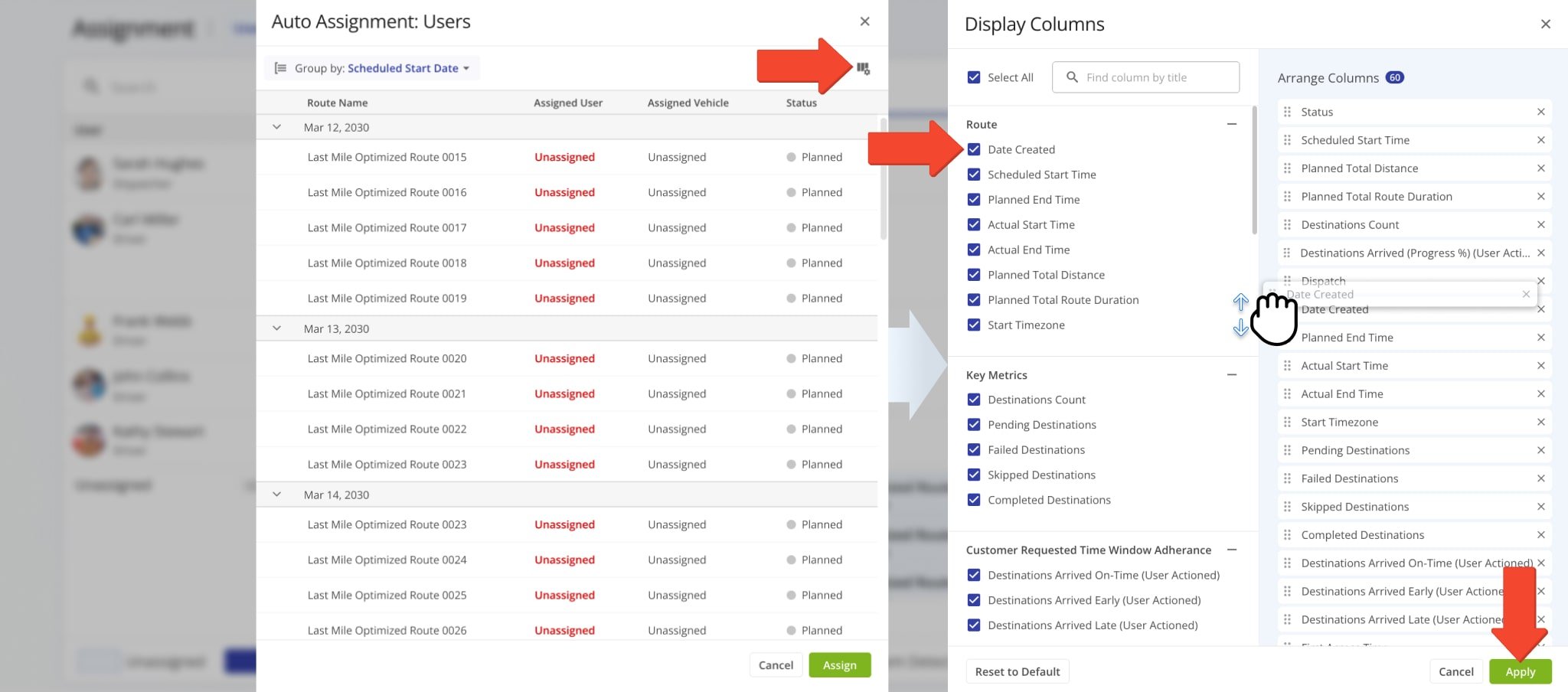 Route4Me enables you to customize the route data shown on the Auto Assignment panel, providing full transparency into route metrics and streamlining decision-making.