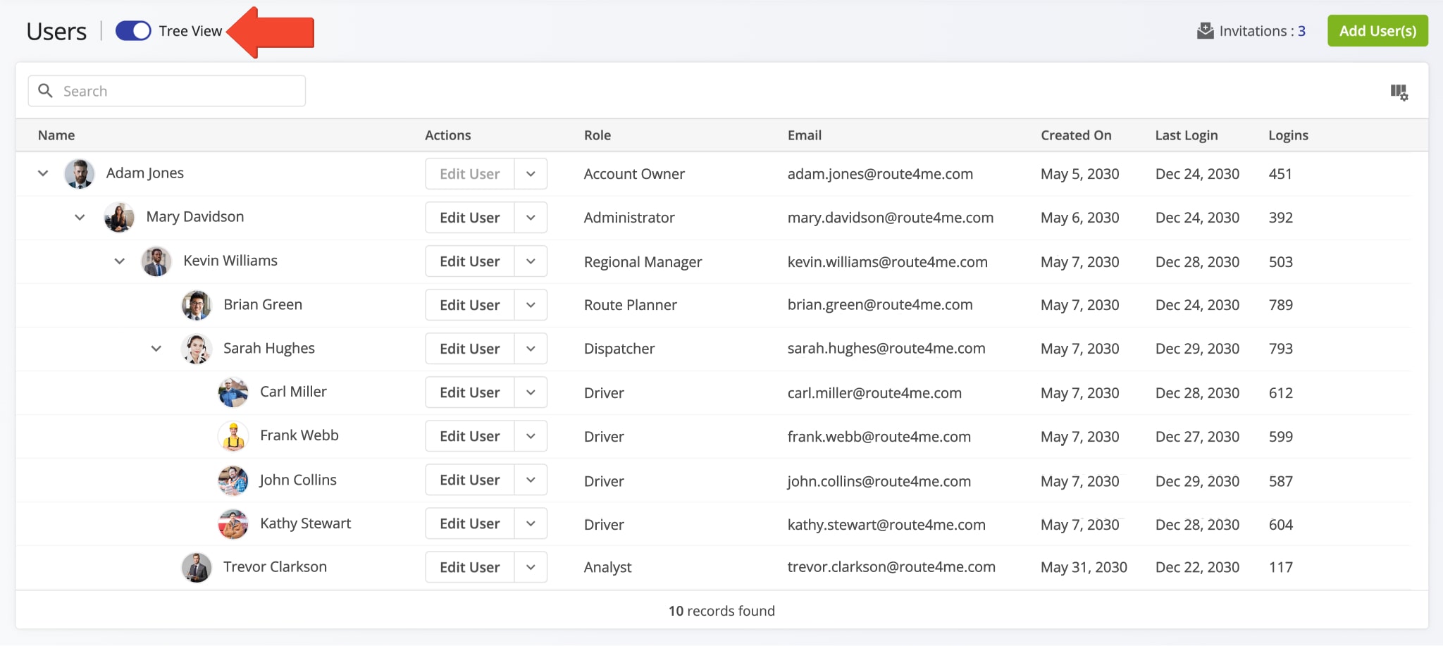 Enable Tree View to visualize your Route4Me Last Mile Transportation team hierarchy and reporting structure.