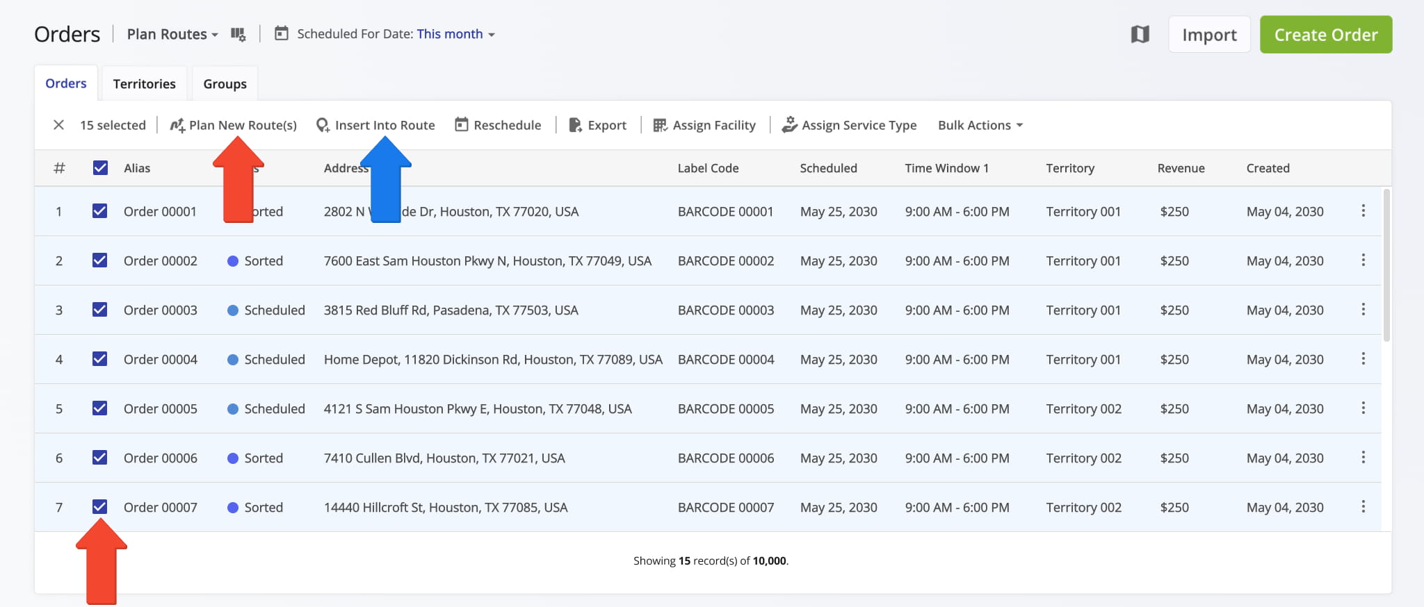 Select the orders you want to route by checking their boxes, then click