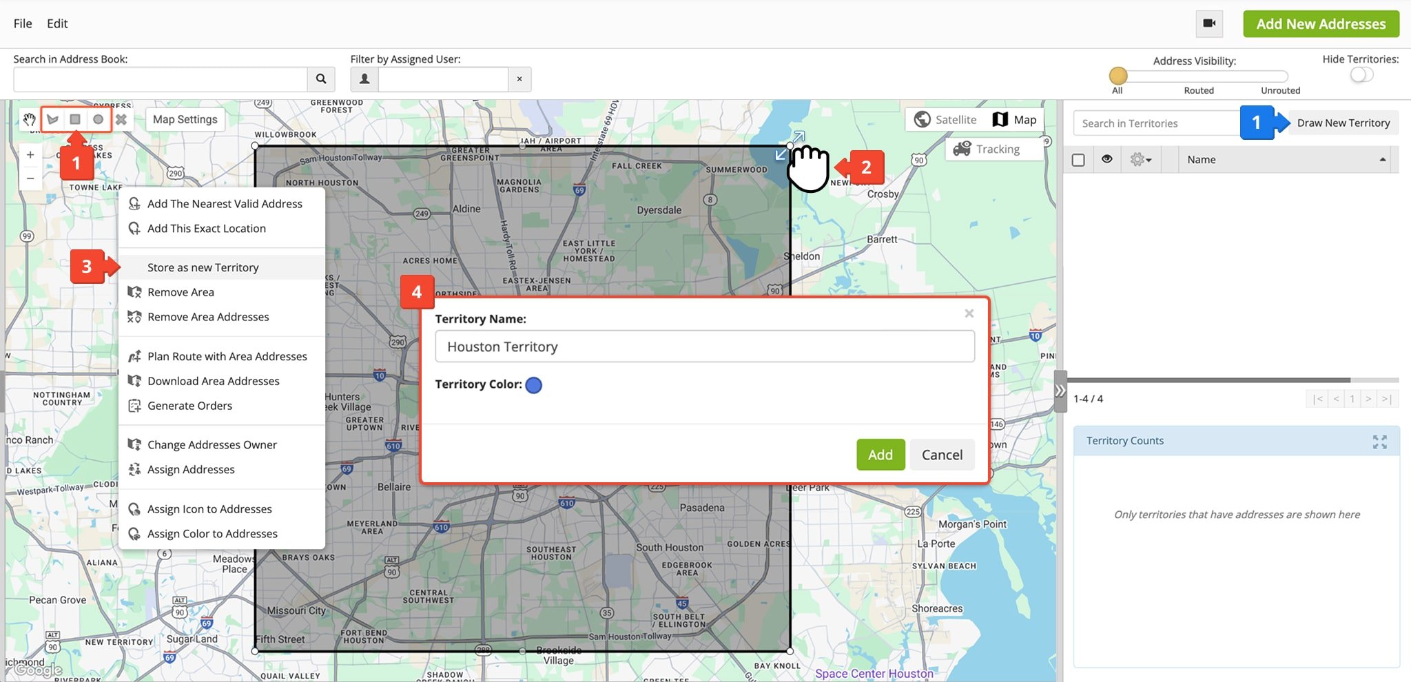 Easily create new Territories on the Address Book Map by drawing your preferred shapes.