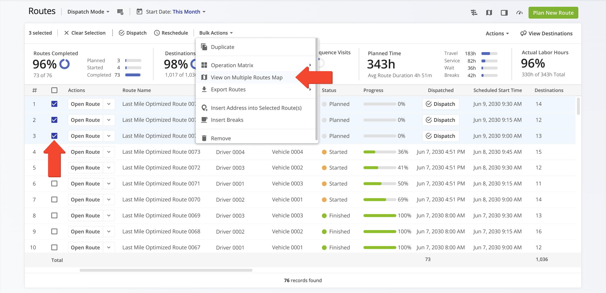 To open multiple routes on your Route4Me Routes Map to dispatch routes to customers, first open the preferred routes from your Route4Me Routes List.