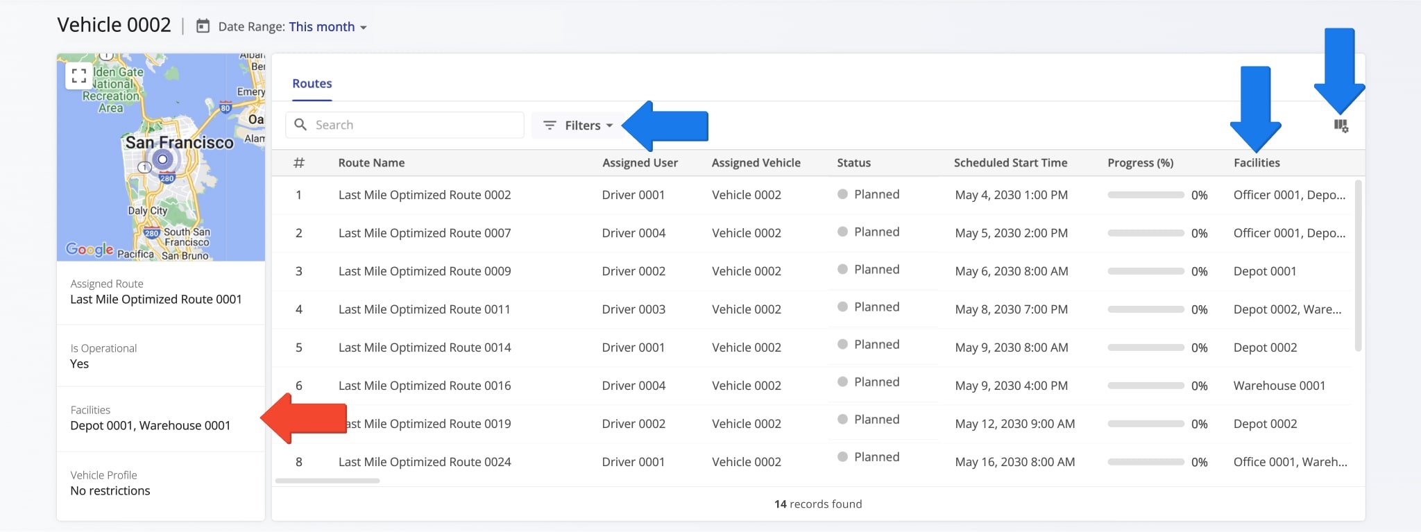 The Vehicle Snapshot enables you to see a Vehicle's associated Facilities as well as the Facility attribution of routes that Vehicle is assigned to.