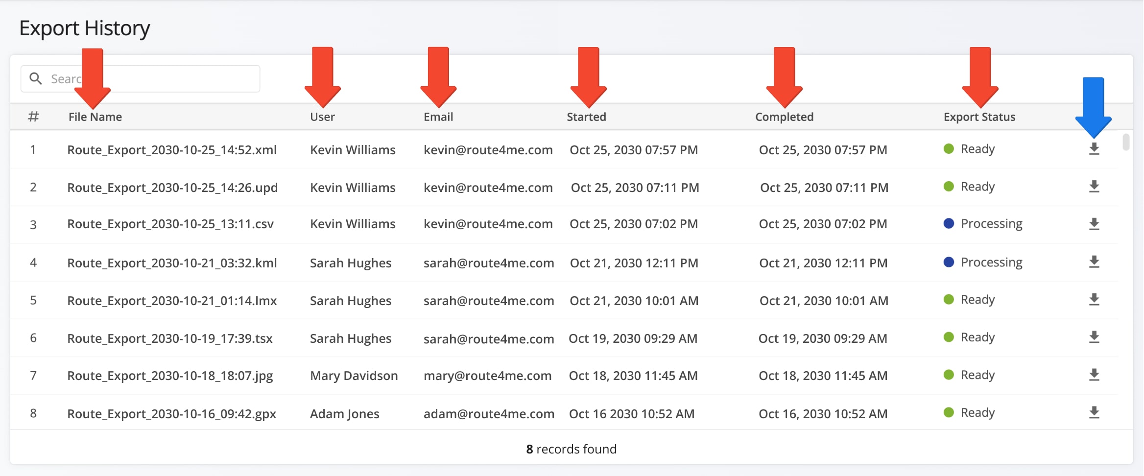 Use column headers to sort your Export History and click the Download Button to download exported files.