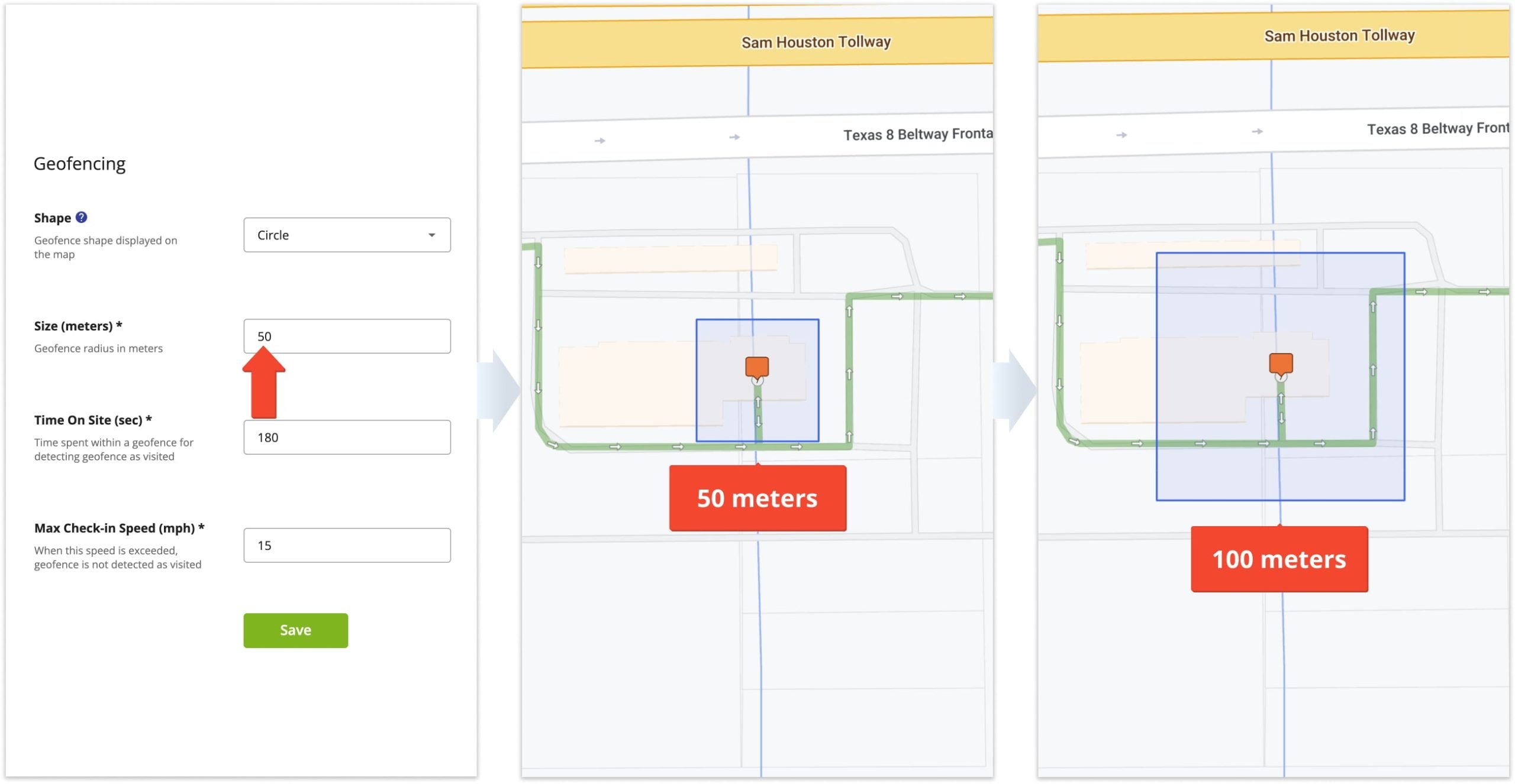 Depending on the specifics of your routing operations and customer destinations, you may need smaller or larger geofences.