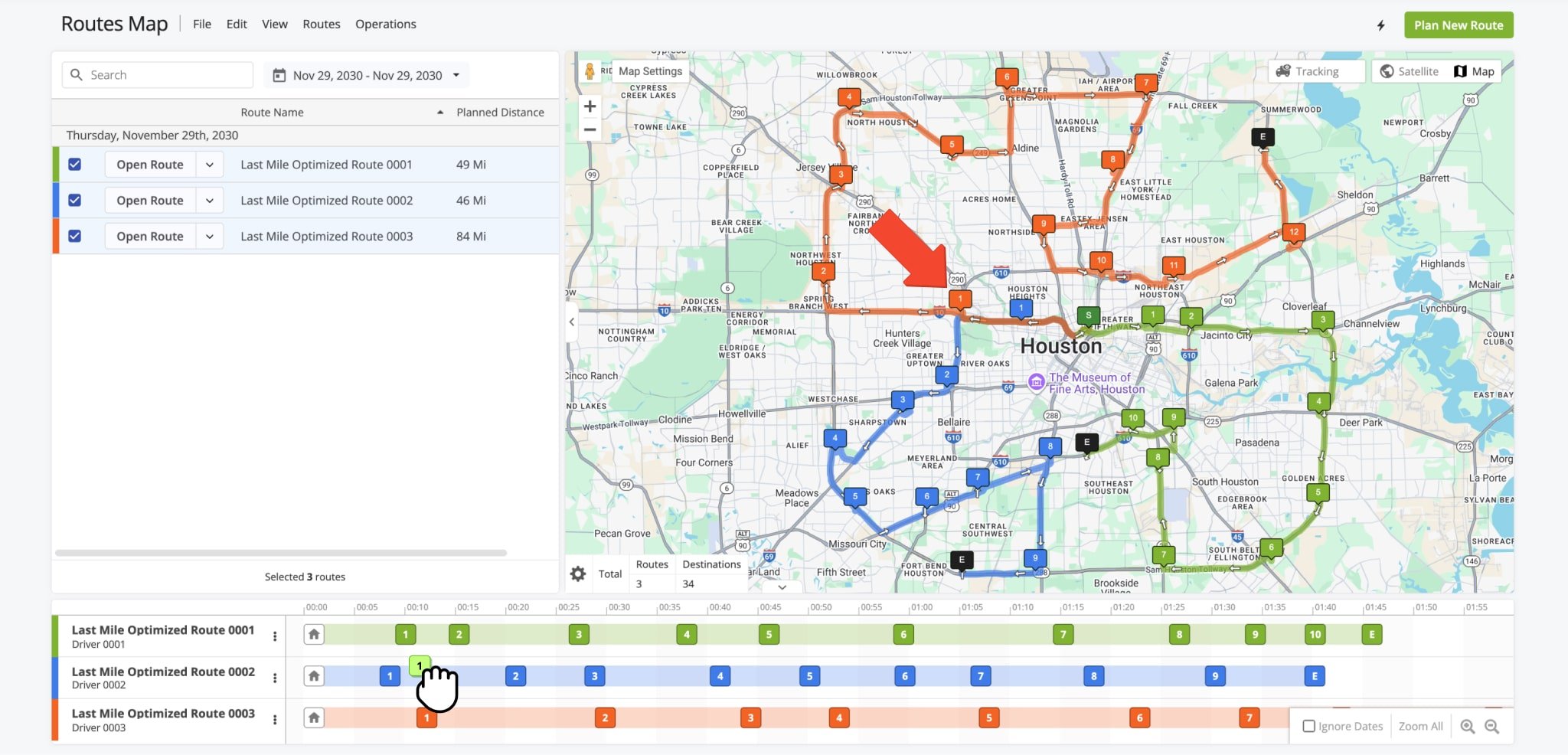 Drag a destination on the Routes Map to reposition it within the same route or move it to a different route.