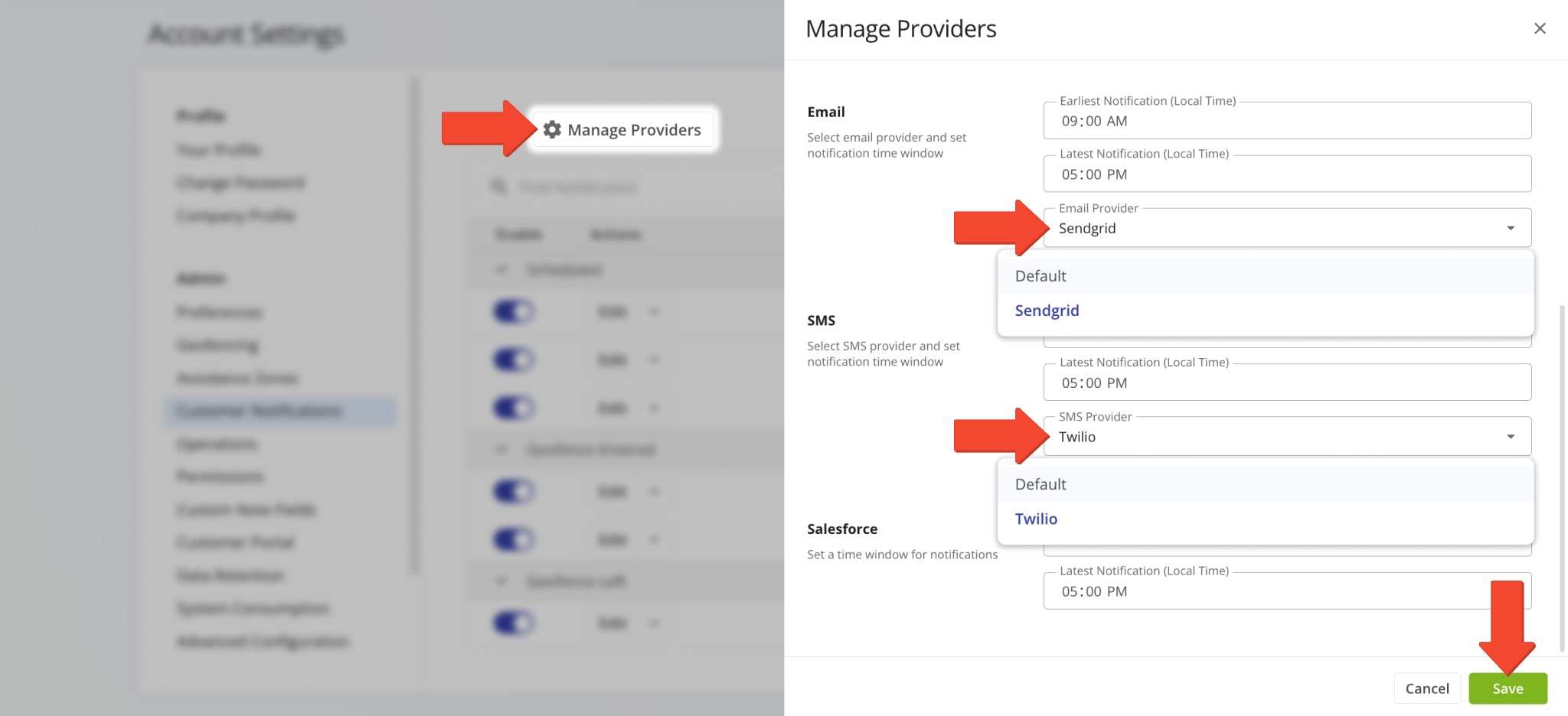 Select your email and SMS notification provider and manage your notification provider and Salesforce credentials.