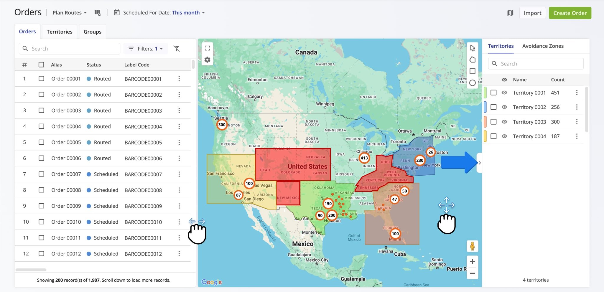 The Orders Map shows all orders and territories on your account on the map.