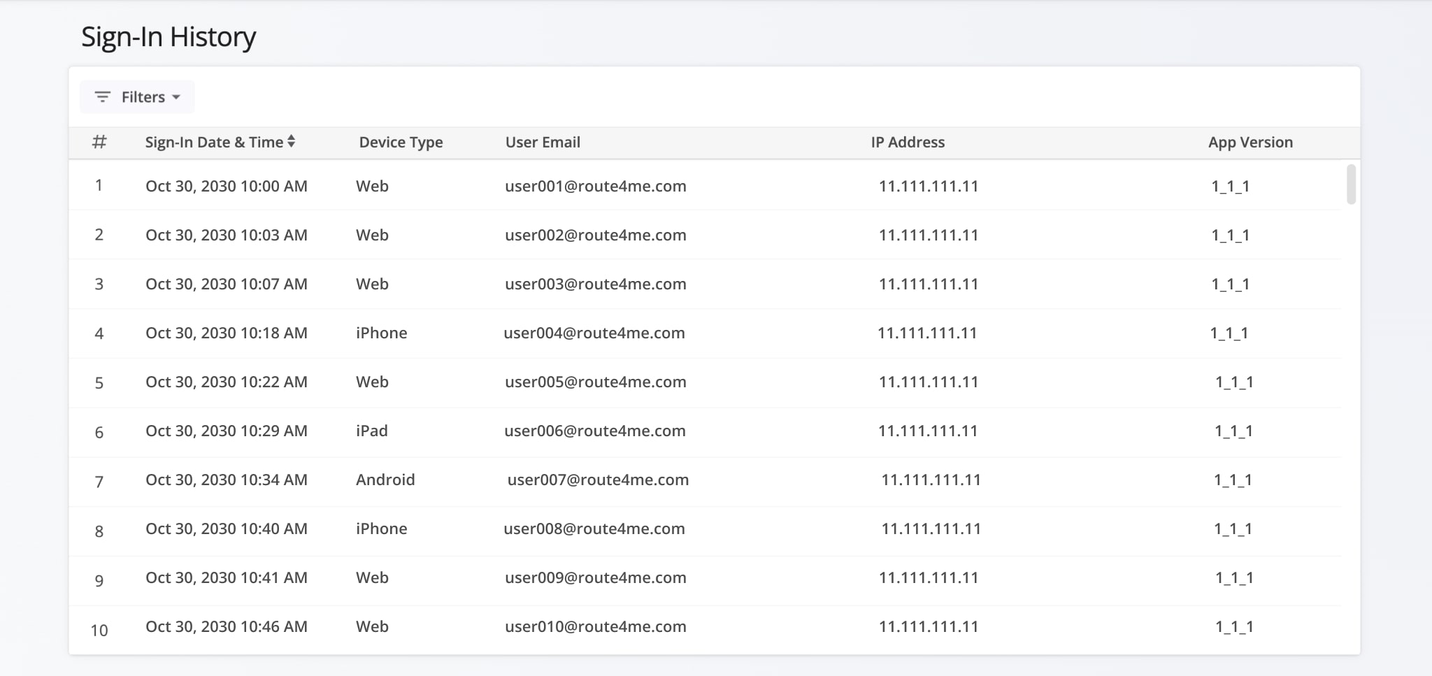 Your account SIgn-In History page displays email addresses used by the Account Owner and sub users to log in so you can monitor authentication activity across your account.