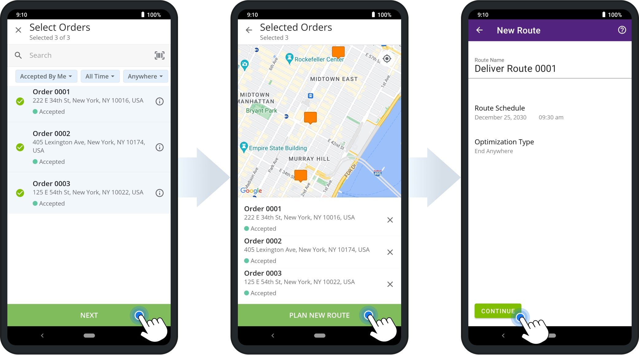 Select multiple customer orders to plan a final mile delivery route with your preferred schedule and optimization settings.