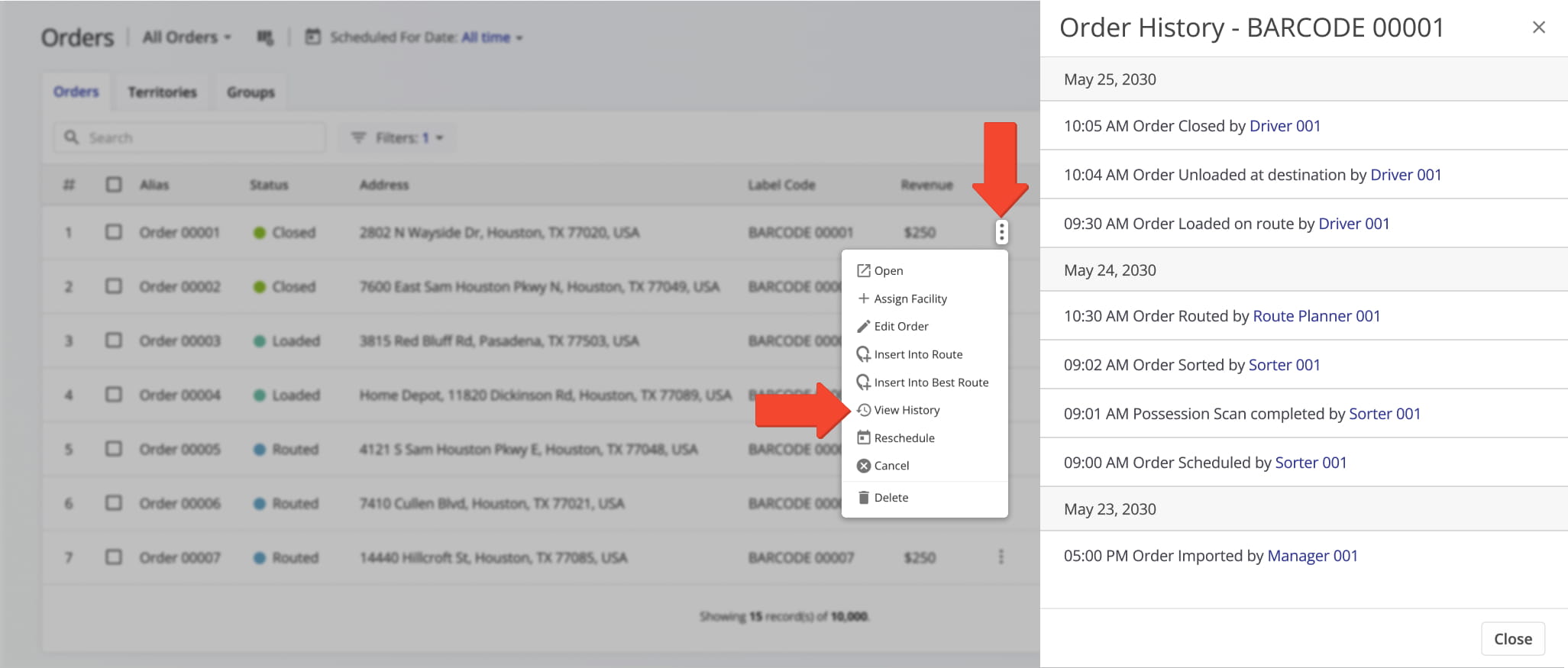 Order actions are grouped by date on the Order History panel and shown in chronological order. You can see when and by whom an order was created, uploaded, or imported, scheduled, sorted, routed, loaded, unloaded, and completed.
