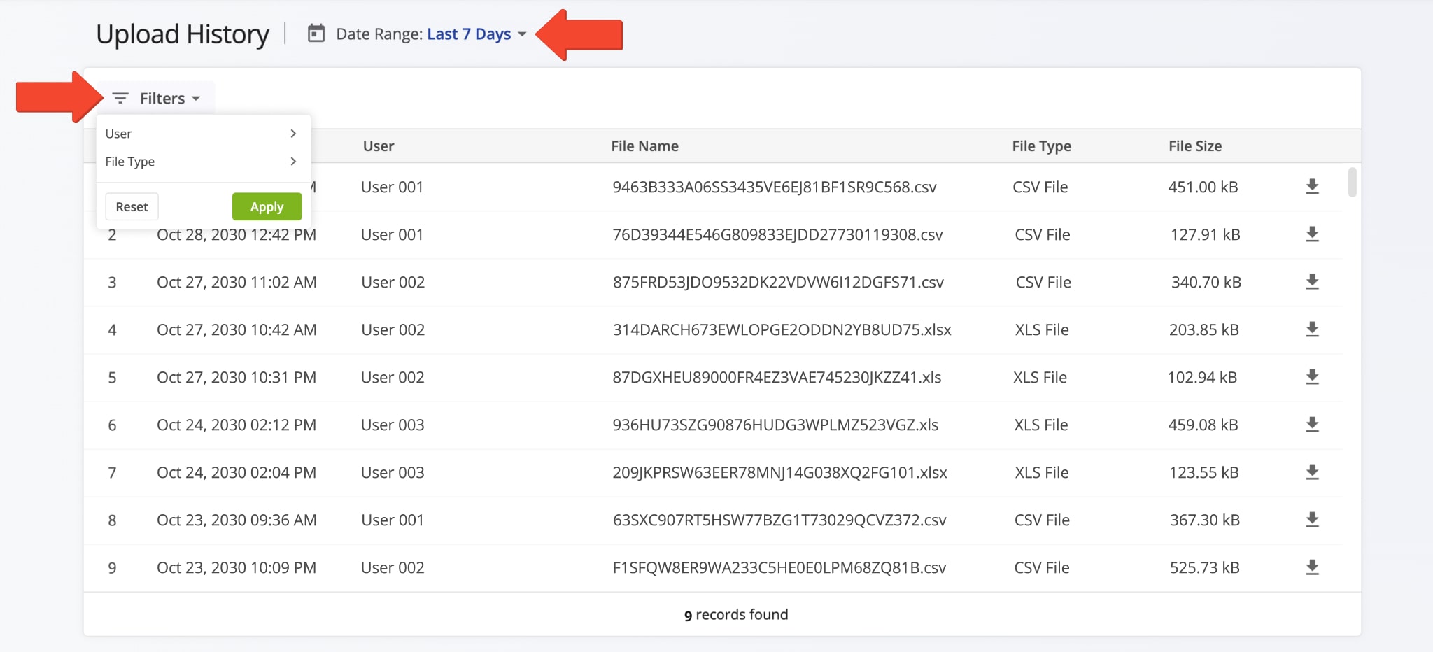 Easily filter your Upload History routing files by date range, team member or file type. 