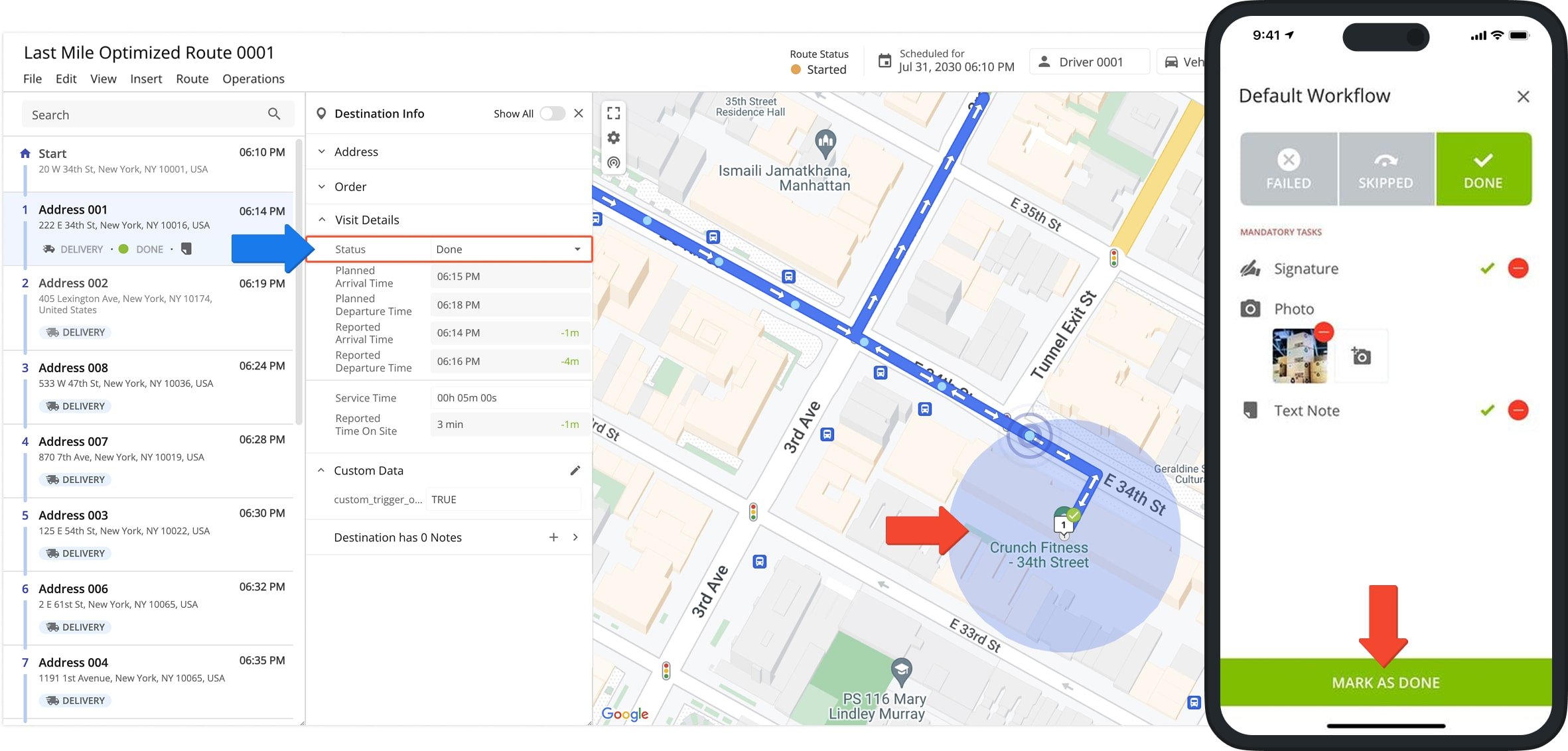 The geofence alert opens the workflow screen upon arrival, prompting task completion before the stop can be marked as done. 