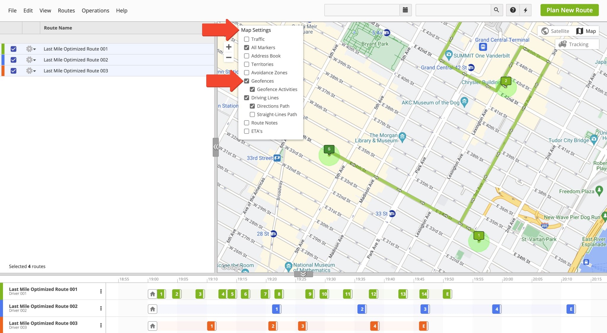 Enable Geofences and Geofence Activities on multiple Routes Map.