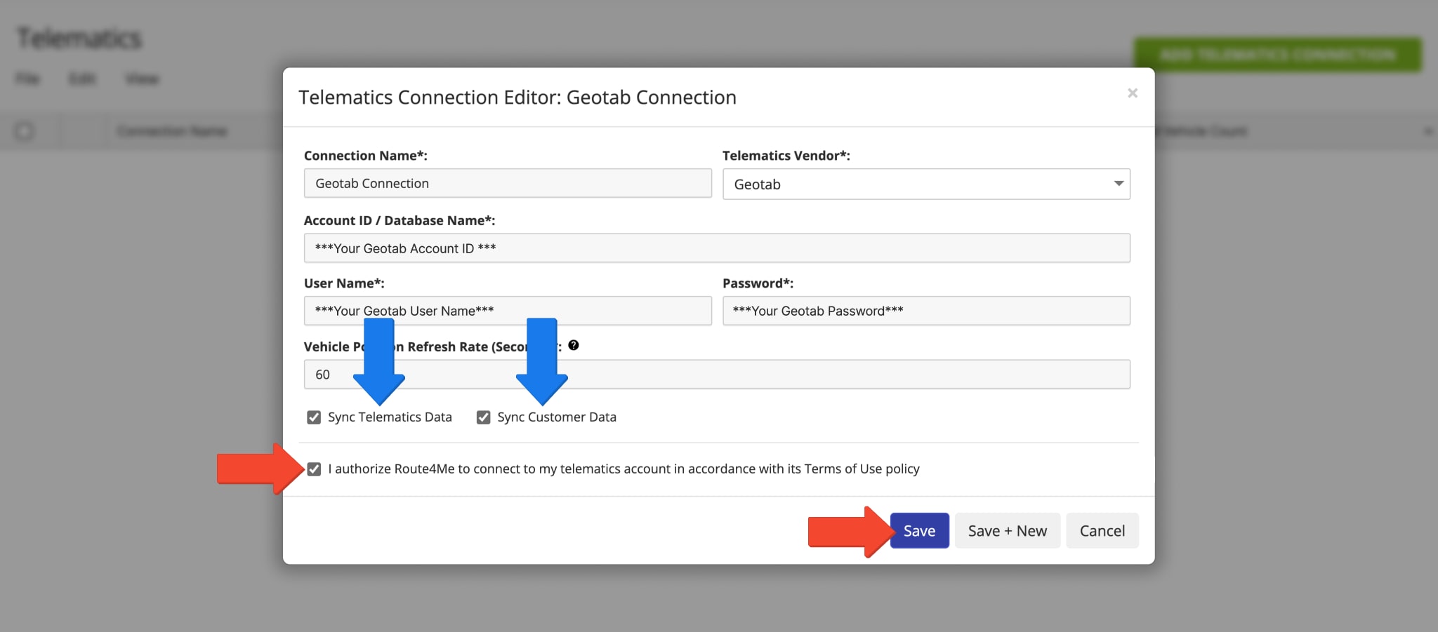 Choose whether to sync telematics vehicle data, customer data or both and establish a Geotab telematics connection.