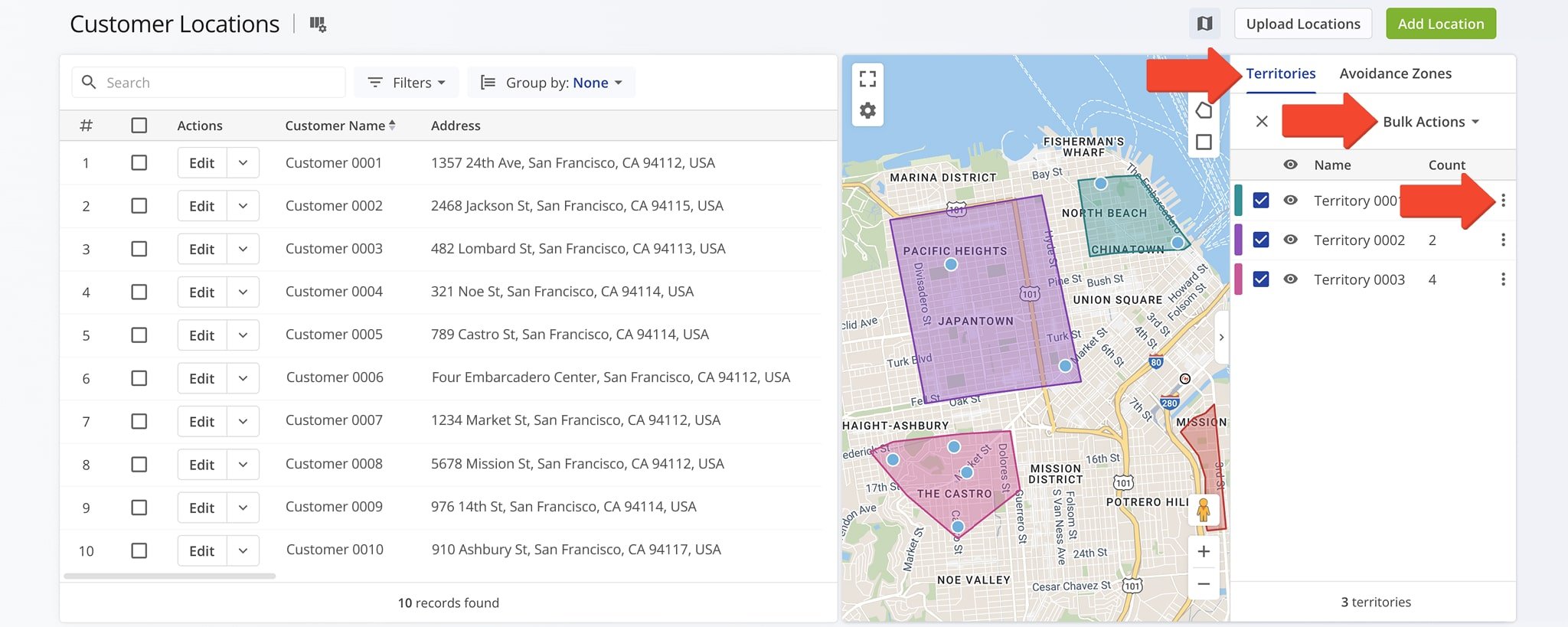 Opens a sidebar with grouped tabs; use the Three-dot Icon or Bulk Actions to edit, delete, or plan routes.