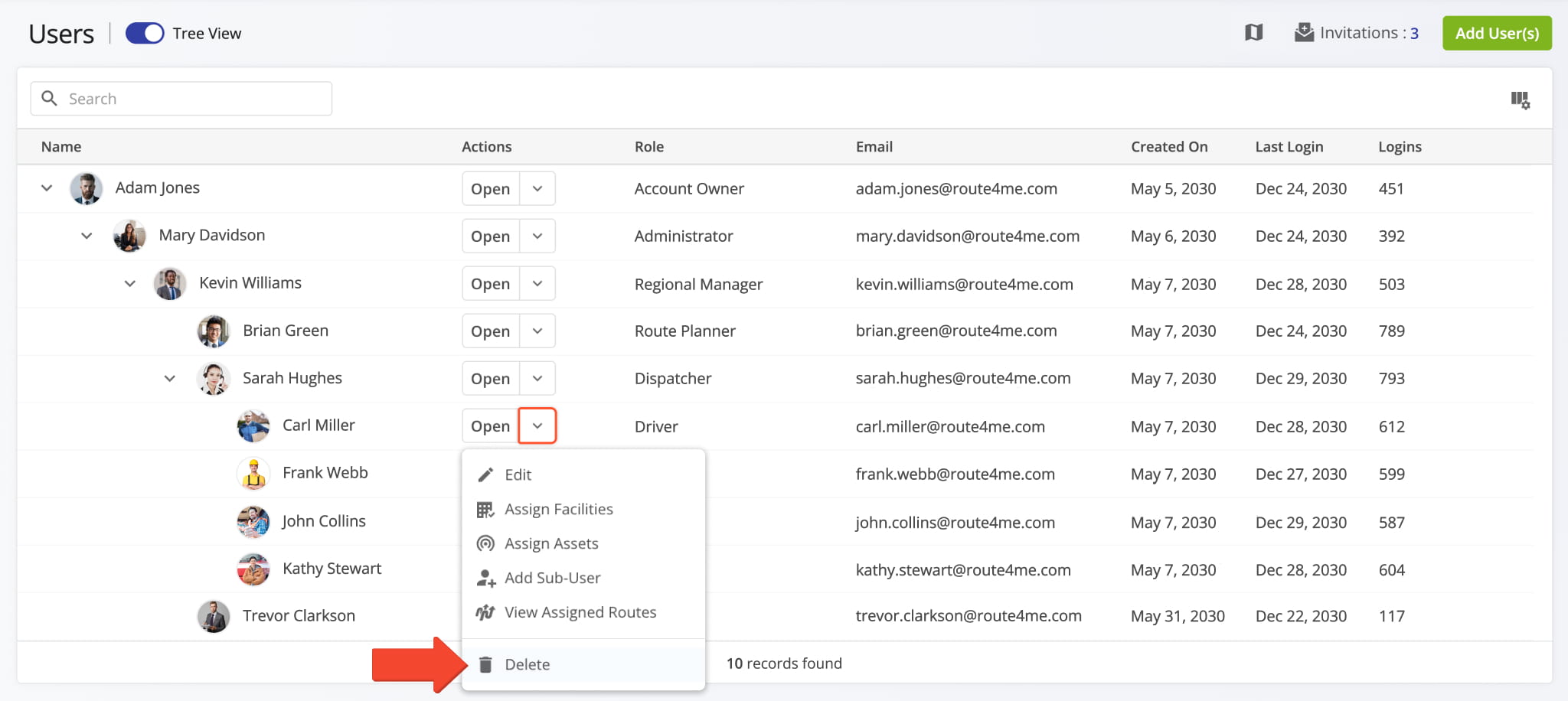 Delete drivers, route planners, dispatchers, and other team member profiles from the Route4Me route planning software account.