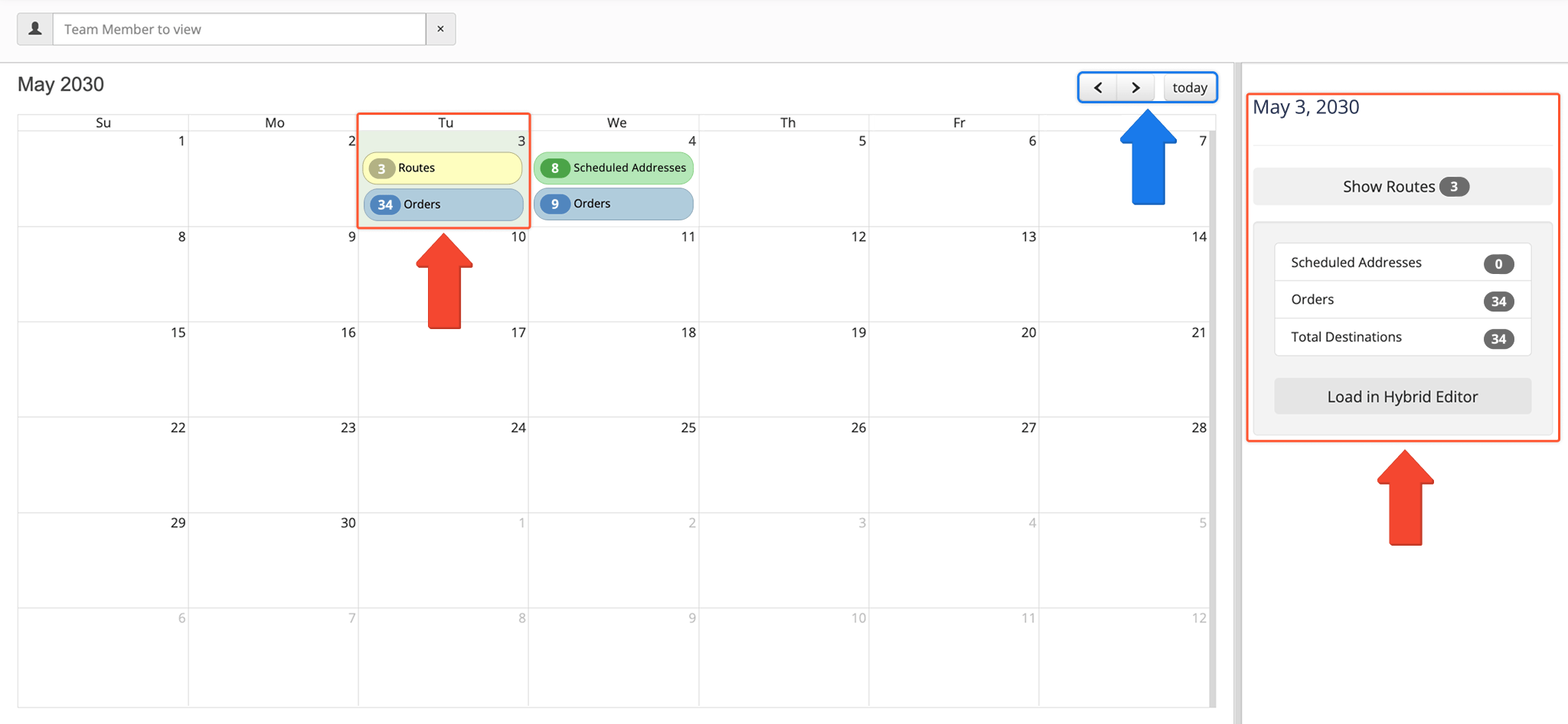 Each date on the Routing Calendar shows its respective scheduled planned routes, scheduled orders, and recurring route addresses. You can see a breakdown of the events scheduled for the selected date on the right of the Routing Calendar.