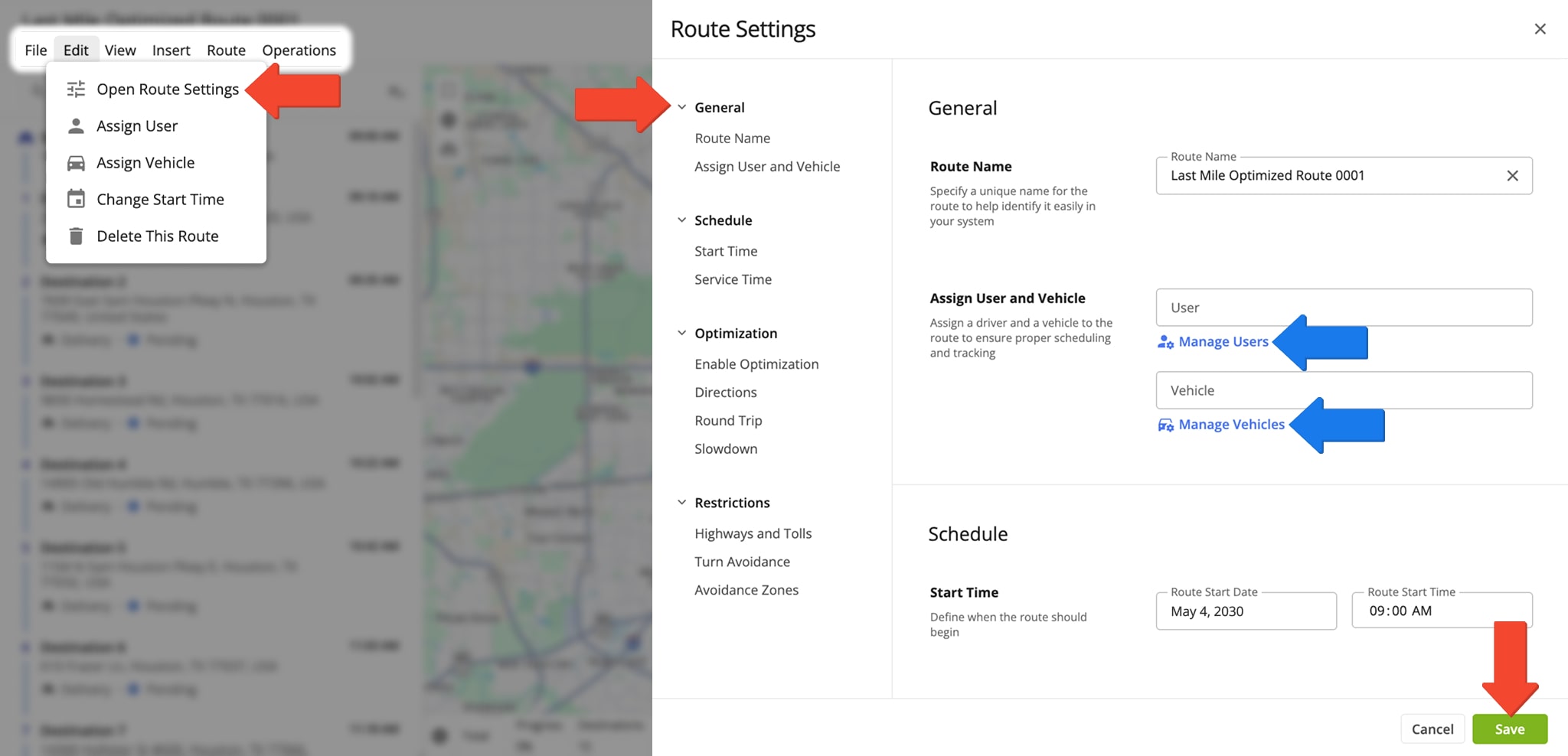 Route Editor Route Settings: assign driver and vehicle to route, reschedule, dispatch, and re-optimize route, update directions, and more.